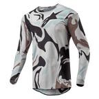 Alpinestars 2024 Racer Tactical Trikot, Motocross-Trikot, Iron Camo Dust Gray, mit markantem Camouflage-Muster in Hellgrau, Dunkelgrau und Hellblau, leichte Poly-Gewebe-Konstruktion mit atmungsaktiven Mesh-Einsätzen, ergonomische sportliche Passform