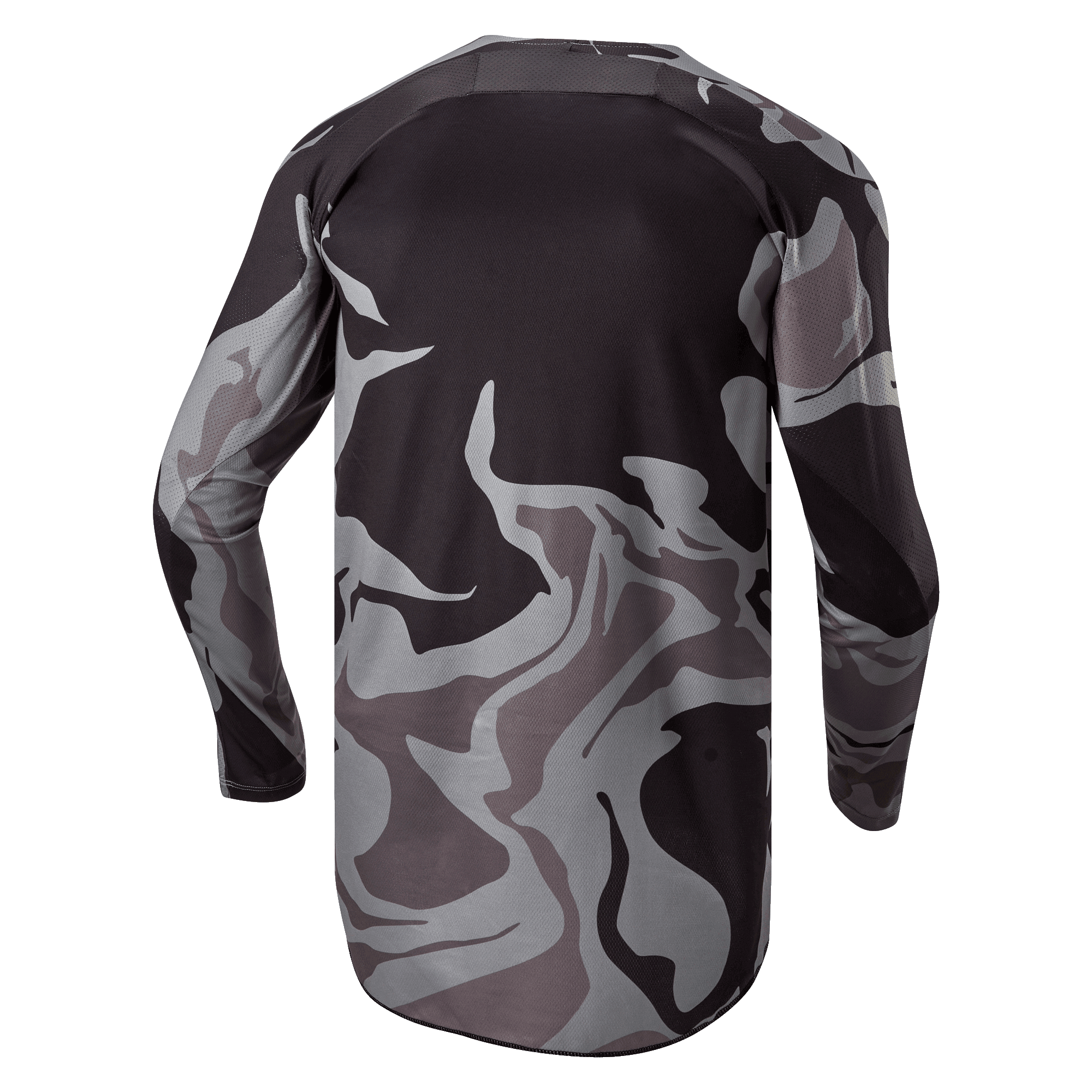 Alpinestars 2024 Racer Tactical Jersey, Motocross-Trikot, Cast Gray Camo Magnet, Rückansicht mit grau-schwarzem Camouflage-Muster, atmungsaktives Gewebe und ein verlängerter Rückensaum für zusätzliche Abdeckung