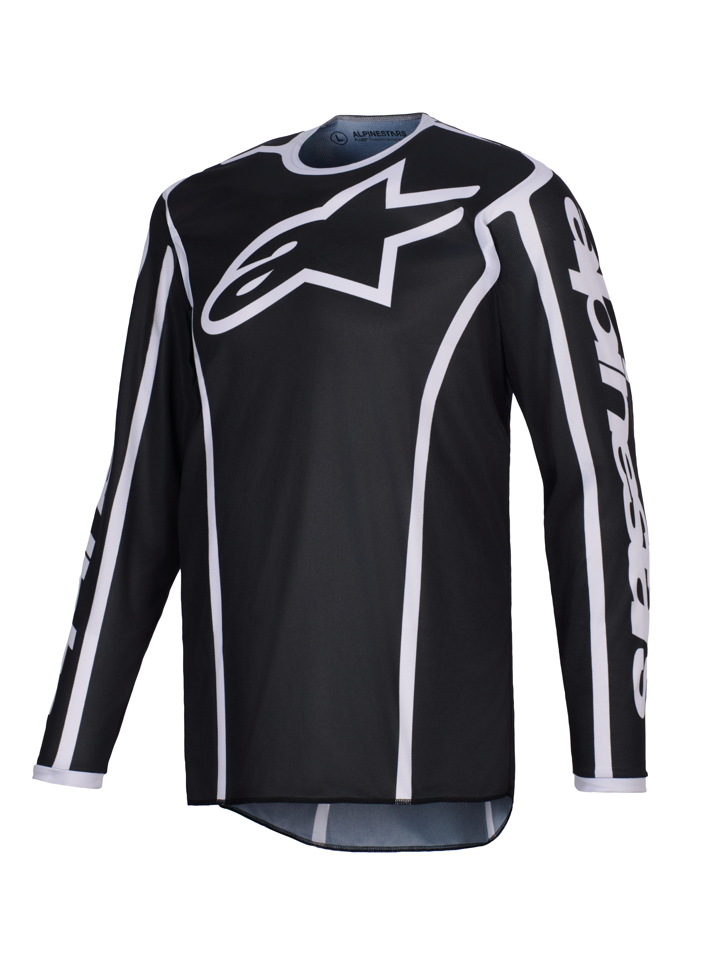 Alpinestars 2026 Fluid Apex Jersey, Motocross Jersey, Black with white accents, large white logo on chest, white trim along the seams, long-sleeve performance polyfabric for off-road racing