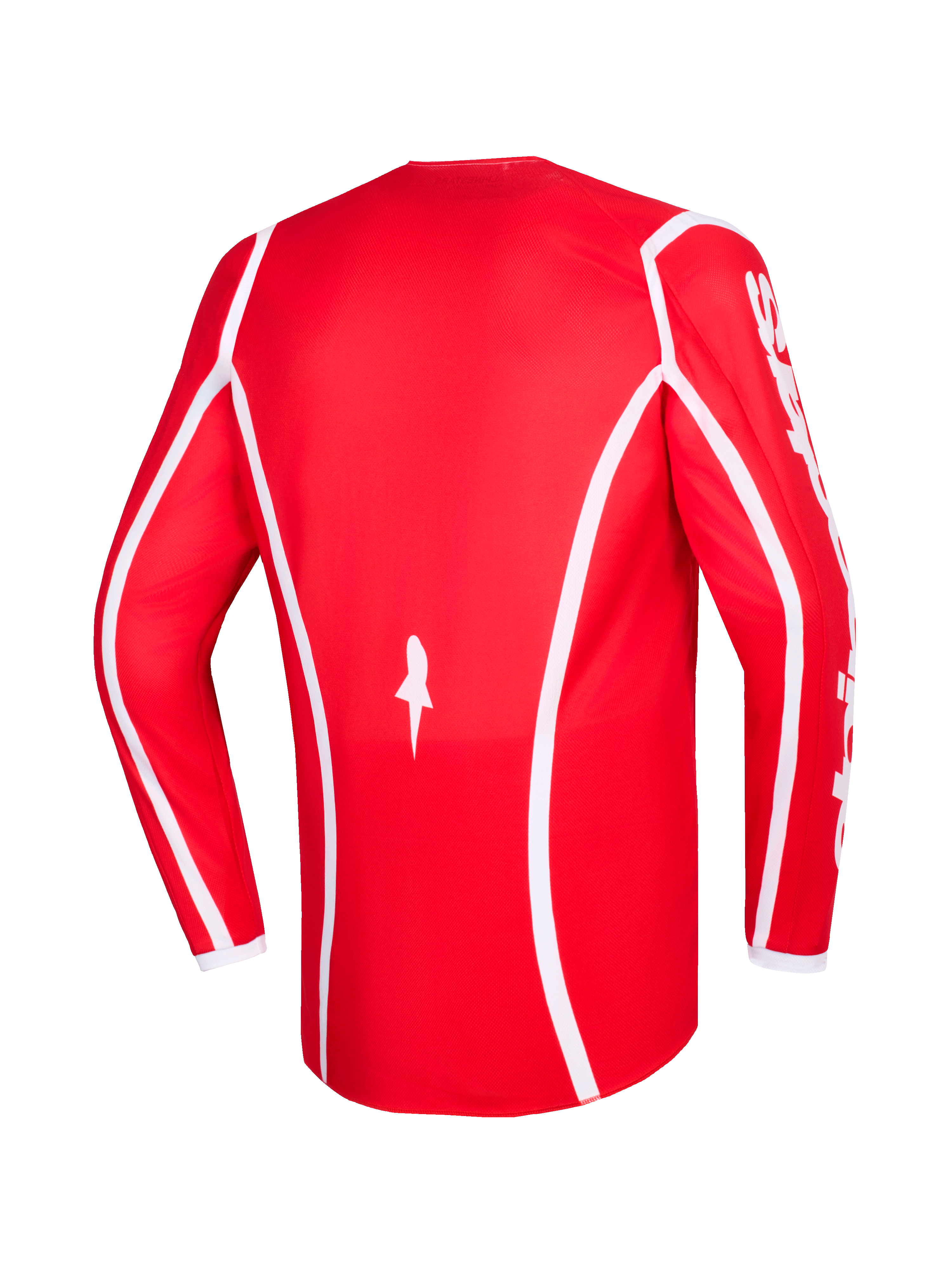 Alpinestars 2026 Fluid Apex Trikot, Rot und Weiß, Rückansicht des langärmeligen Motocross-Trikots mit weißen geschwungenen Akzentlinien, Stern-Logo unten und weißem Alpinestars-Schriftzug auf den Ärmeln, konzipiert für den Offroad-Rennsport