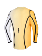 Alpinestars 2026 Fluid Apex Jersey, Motocross Jersey, Yellow White and Black, back view featuring black piping accents, one white sleeve and one yellow sleeve, with an extended rear hem for off-road riding coverage.