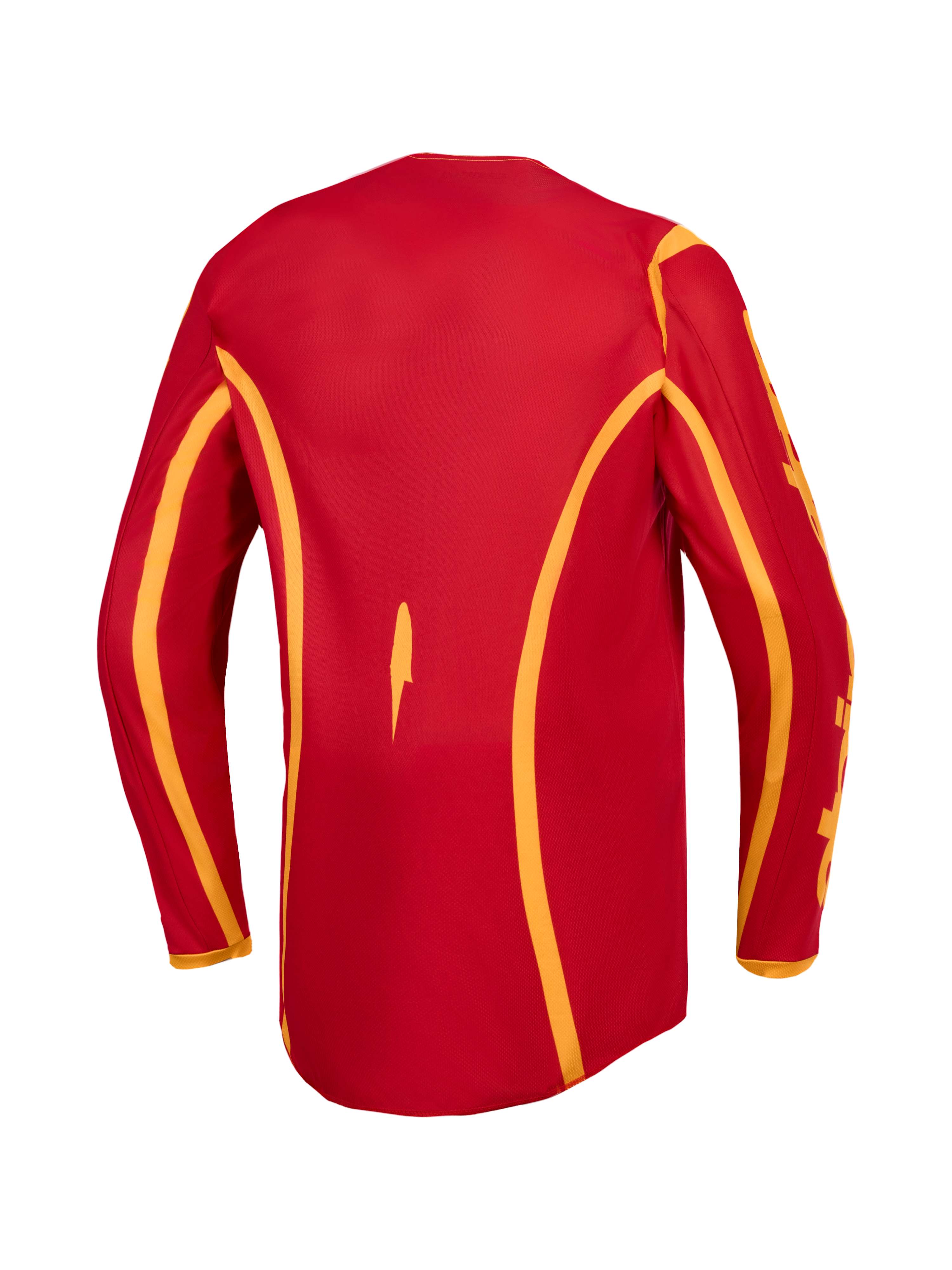 Alpinestars Fluid Apex V2 Trikot, Herren-Motocross-Trikot, Rot und Gold, Rückansicht mit verlängertem Rücken.