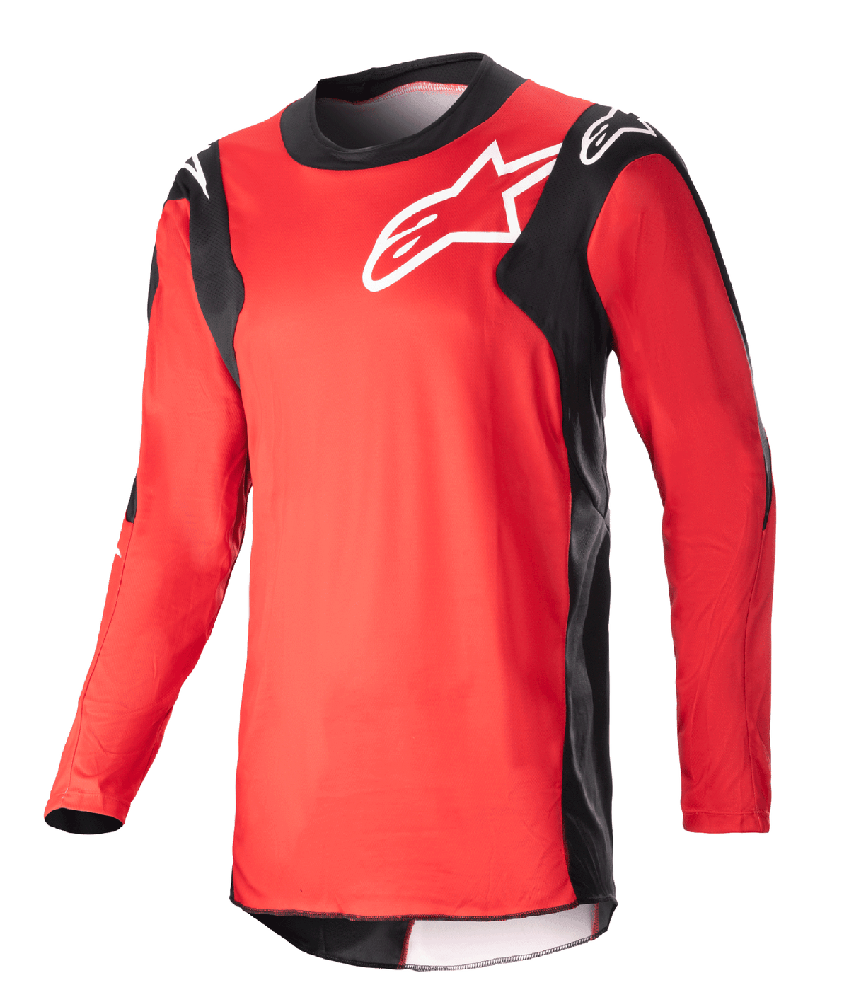 Alpinestars 2023 Racer Hoen Jersey, Long-Sleeve Motocross Jersey, Mars Red and Black, featuring a white chest logo, lightweight performance fabric, sporty design for off-road racing