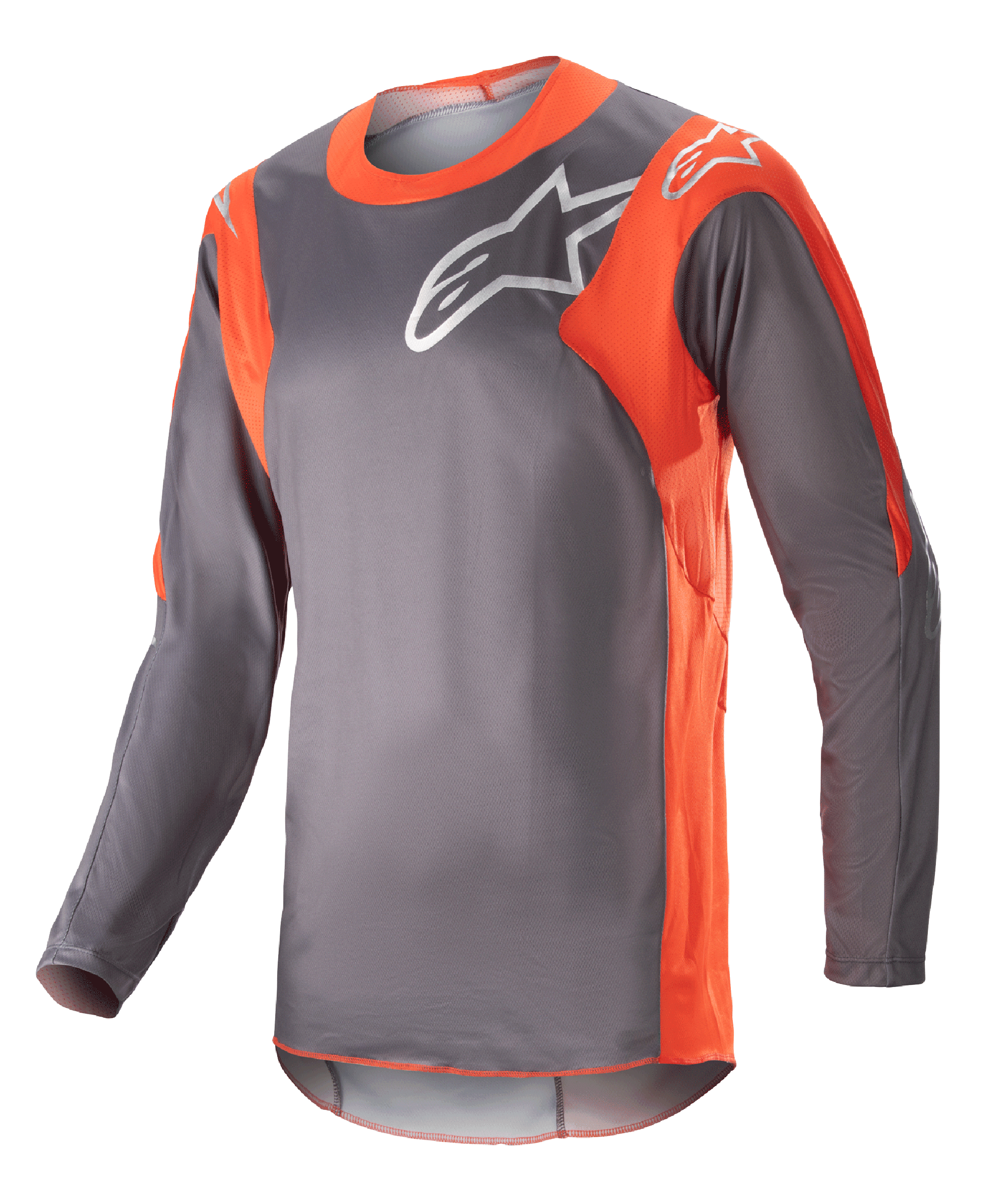 Alpinestars 2023 Racer Hoen Jersey, Langarm-Motocross-Trikot, Magnet-Grau und Hot-Orange, weißes Alpinestars-Logo auf Brust und Schultern, leichtes Performance-Gewebe für Offroad-Rennen
