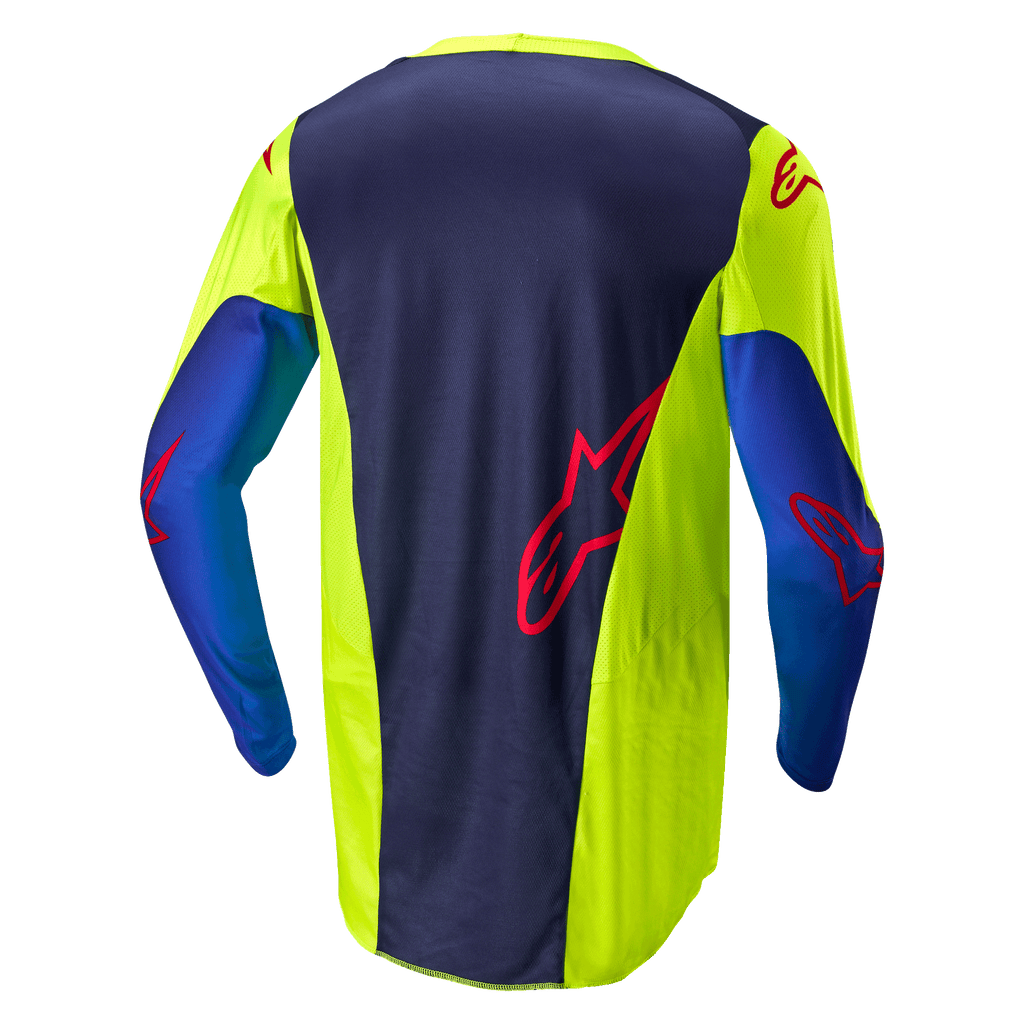 Alpinestars 2024 Racer Hoen Jersey, Motocross-Trikot, Gelb Fluo und Blue Night Navy, Rückansicht mit dunkelblauem Mittelteil und rotem Logo, leuchtend gelben Seitenbereichen, langen Ärmeln und atmungsaktivem Mesh-Gewebe für Offroad-Performance