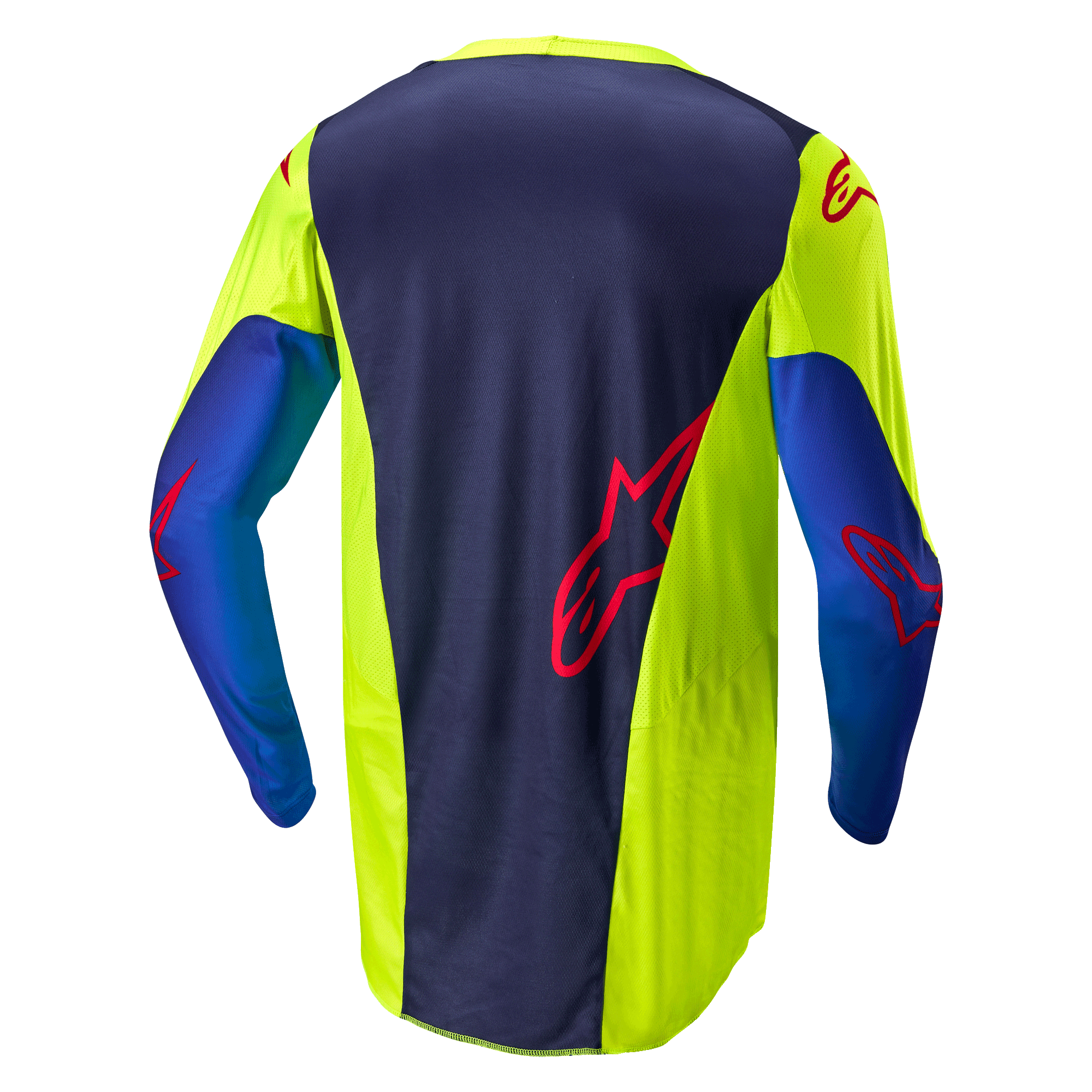 Alpinestars 2024 Racer Hoen Jersey, Motocross-Trikot, Gelb Fluo und Blue Night Navy, Rückansicht mit dunkelblauem Mittelteil und rotem Logo, leuchtend gelben Seitenbereichen, langen Ärmeln und atmungsaktivem Mesh-Gewebe für Offroad-Performance