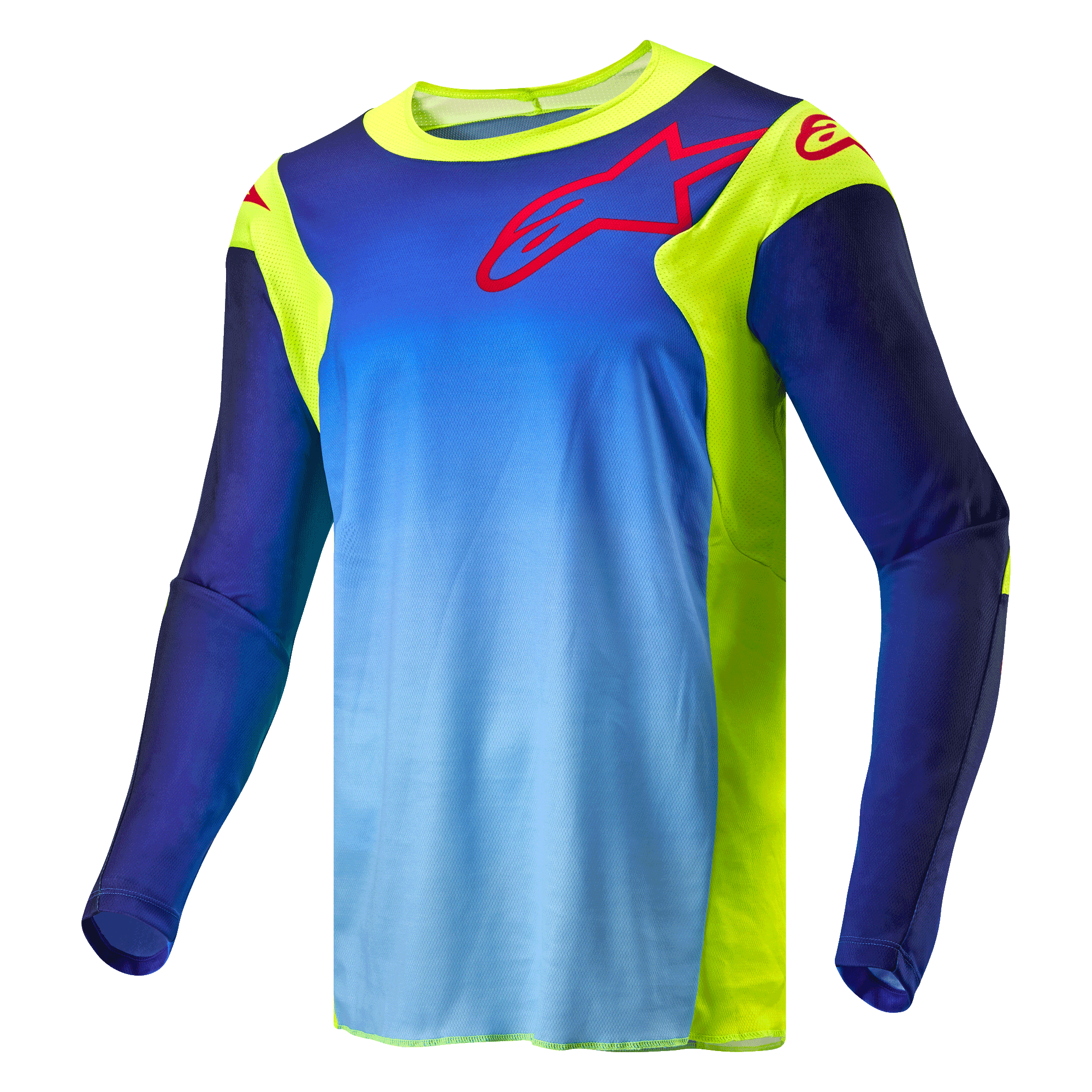 Alpinestars 2024 Racer Hoen Trikot, Motocross-Trikot, Gelb Fluo und Blau Night Navy, blauer Farbverlauf mit fluoreszierend gelben Einsätzen, rotes Alpinestars-Logo auf Brust und Schultern, langärmelige technische Offroad-Ausrüstung.