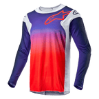 Alpinestars 2024 Racer Hoen Jersey, Motocross-Trikot, Farbverlauf von Marineblau zu Hot Orange mit hellgrauen Seiteneinsätzen, roter Alpinestars-Logo-Umriss auf der Brust, technische Langarmbekleidung für den Offroad-Rennsport