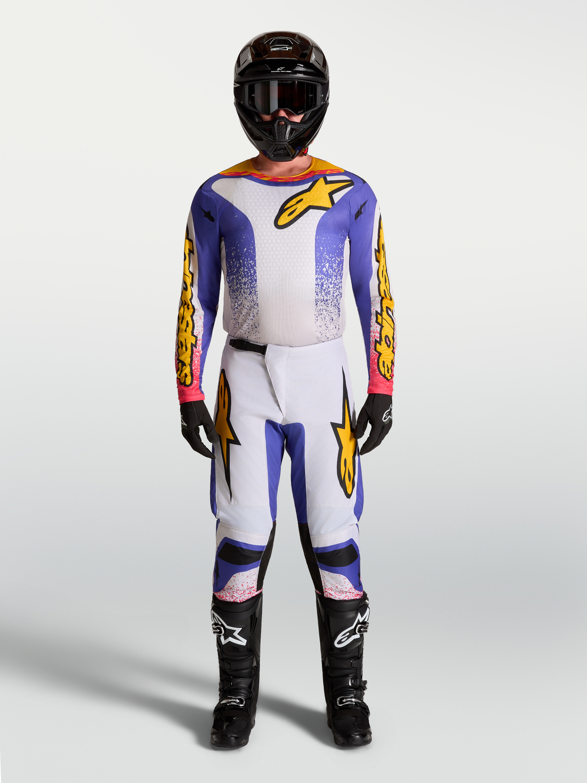 Alpinestars Fluid Drag Trikot und Ausrüstungsset, Herren-Motocross-Outfit in Blau und Gold, ergonomisches Textil.