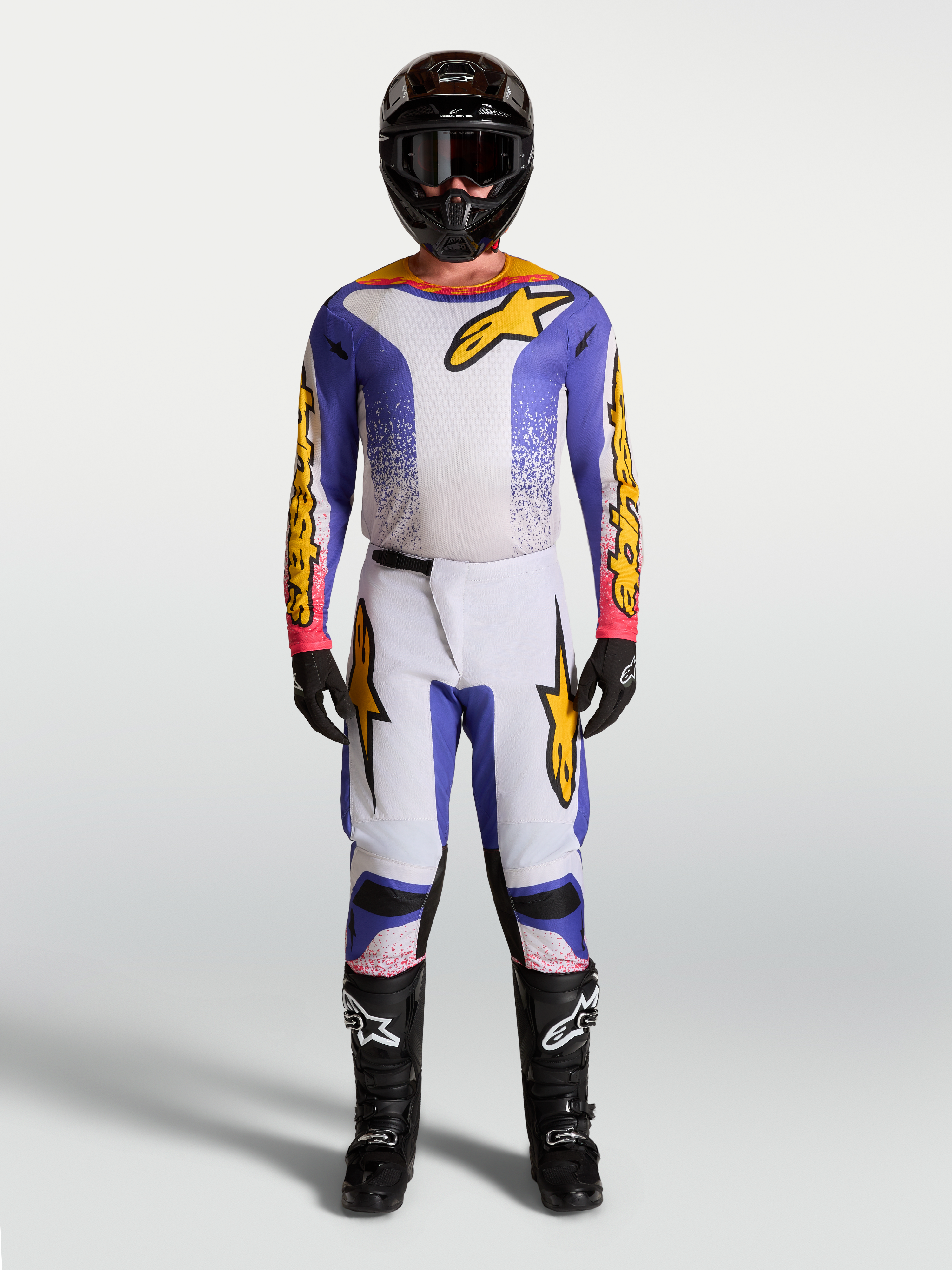 Alpinestars Fluid Drag Trikot und Ausrüstungsset, Herren-Motocross-Outfit in Blau und Gold, ergonomisches Textil.