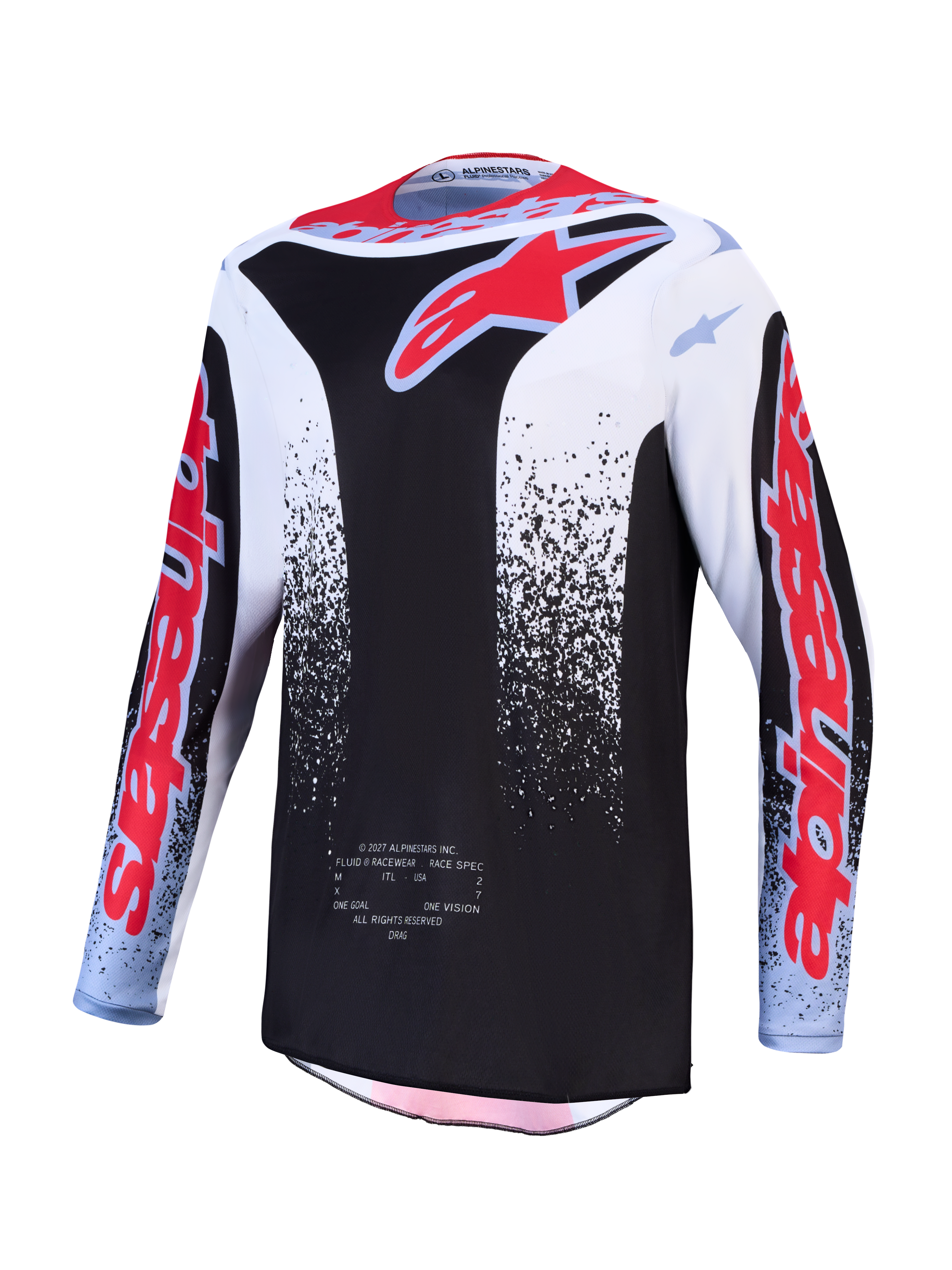 Alpinestars 2027 Fluid Drag Trikot, Herren-Motocross-Trikot in Schwarz, Weiß und Rot, feuchtigkeitsableitendes Material.