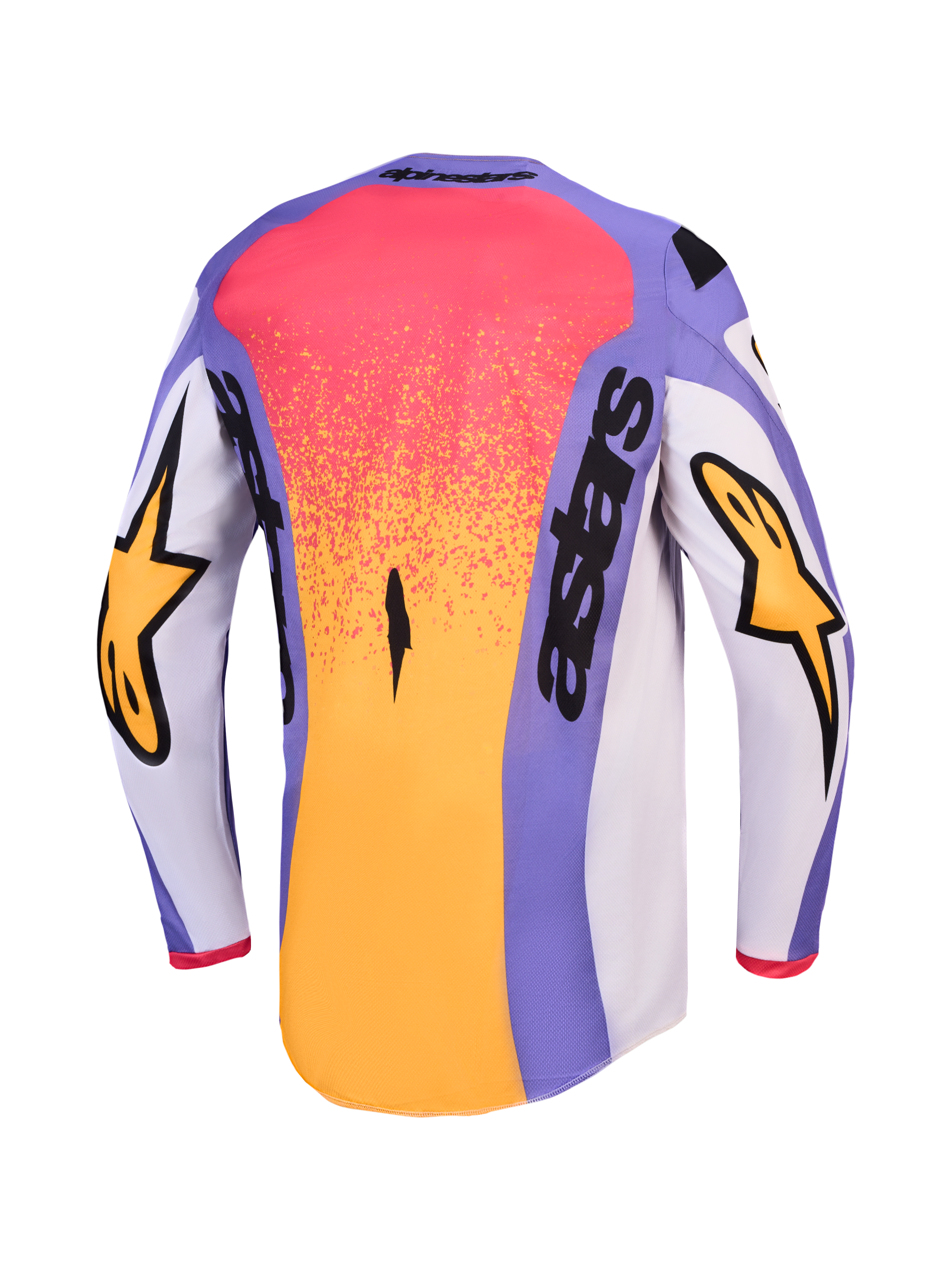 Alpinestars Fluid Drag Trikot, Herren-Motocrosstrikot, Lila und Gold, Rückansicht mit verlängertem Rückenteil.