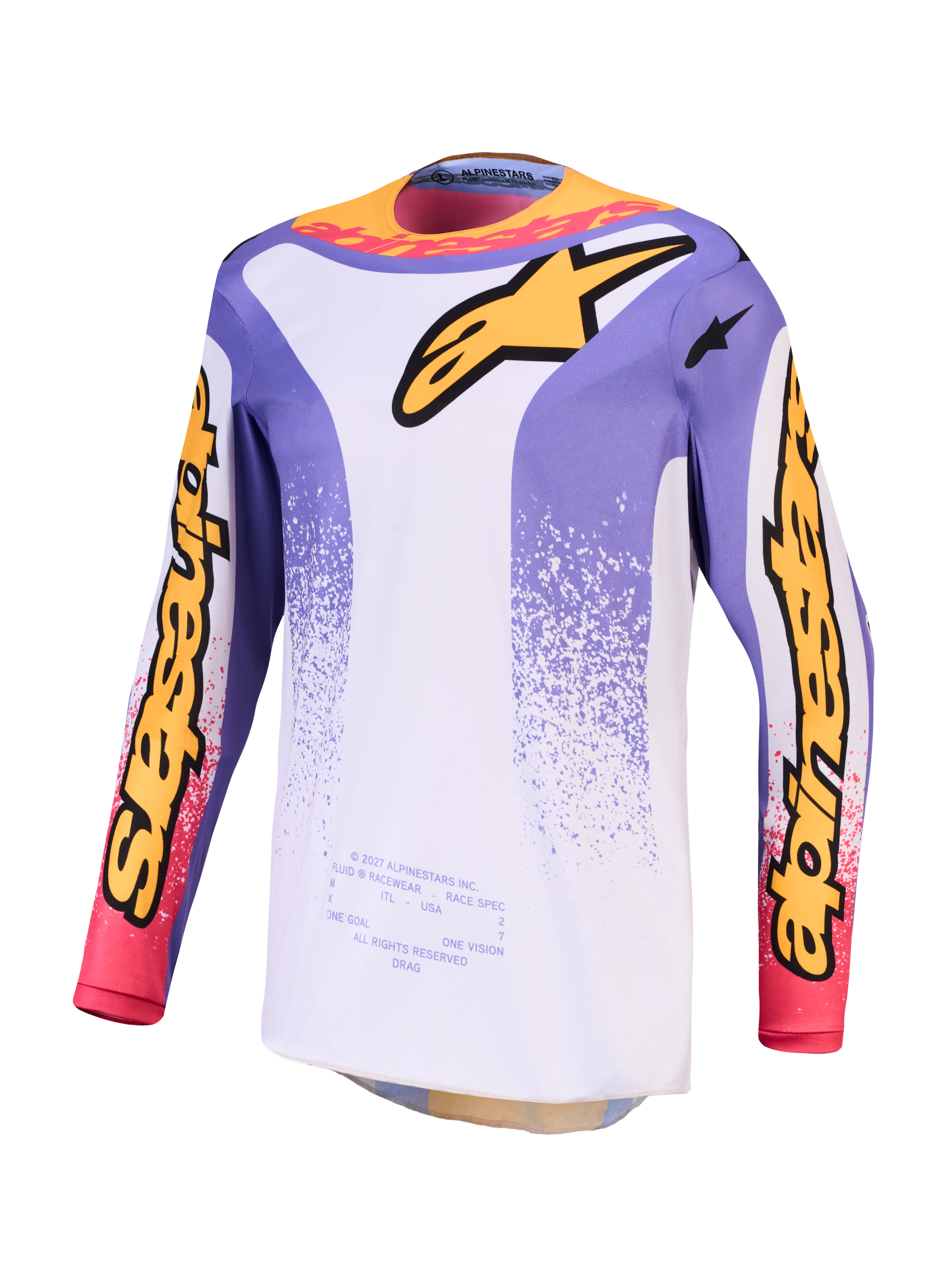 Alpinestars Fluid Drag Trikot, Herren-Motocross-Trikot, Helllila und Blau, feuchtigkeitsableitendes Polygewebe.