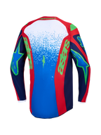 Alpinestars Fluid Drag Trikot, Herren-Motocross-Oberteil in Blau und Feuerrot mit grünen Grafiken, Rückansicht.