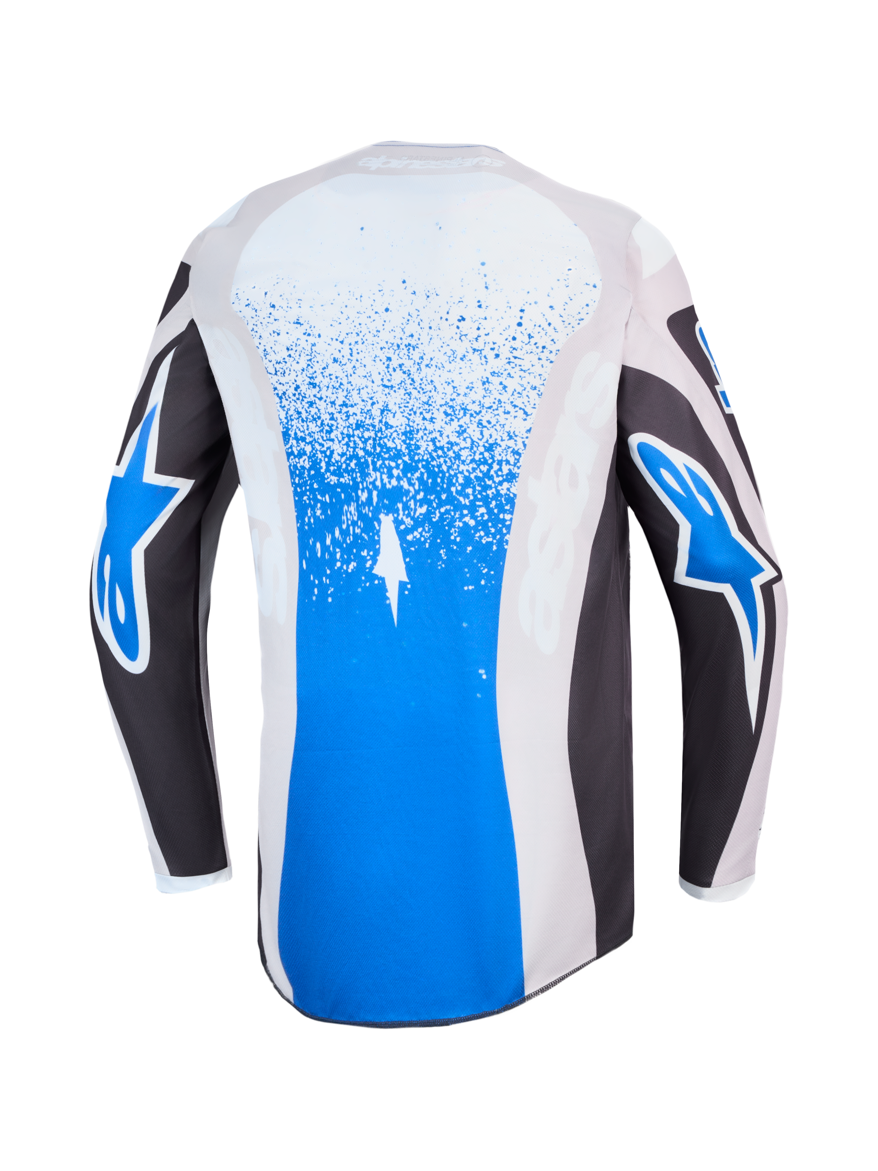 Alpinestars Fluid Drag Trikot, blaues und graues Motocross-Trikot, Rückansicht mit Splatter-Grafiken und Stern-Logos.