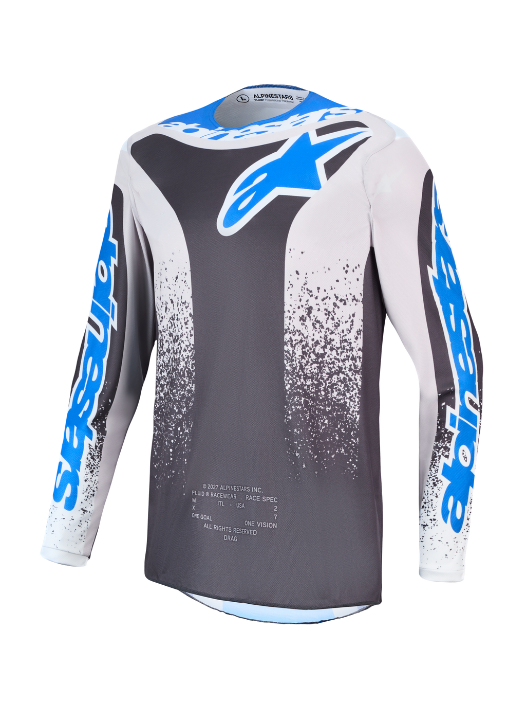 Alpinestars Fluid Drag Trikot, Motocross-Trikot für Herren, Grau und Blau, feuchtigkeitsableitende Polygewebekonstruktion.