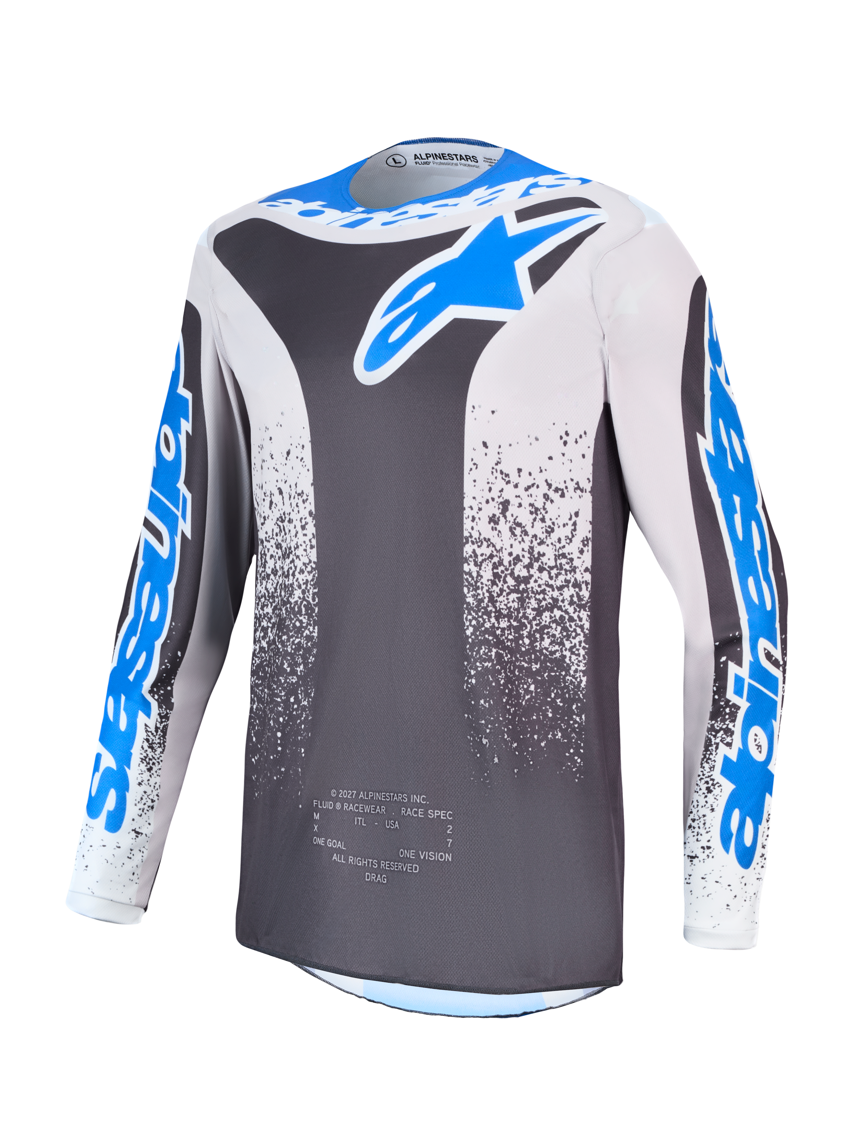 Alpinestars Fluid Drag Trikot, Motocross-Trikot für Herren, Grau und Blau, feuchtigkeitsableitende Polygewebekonstruktion.