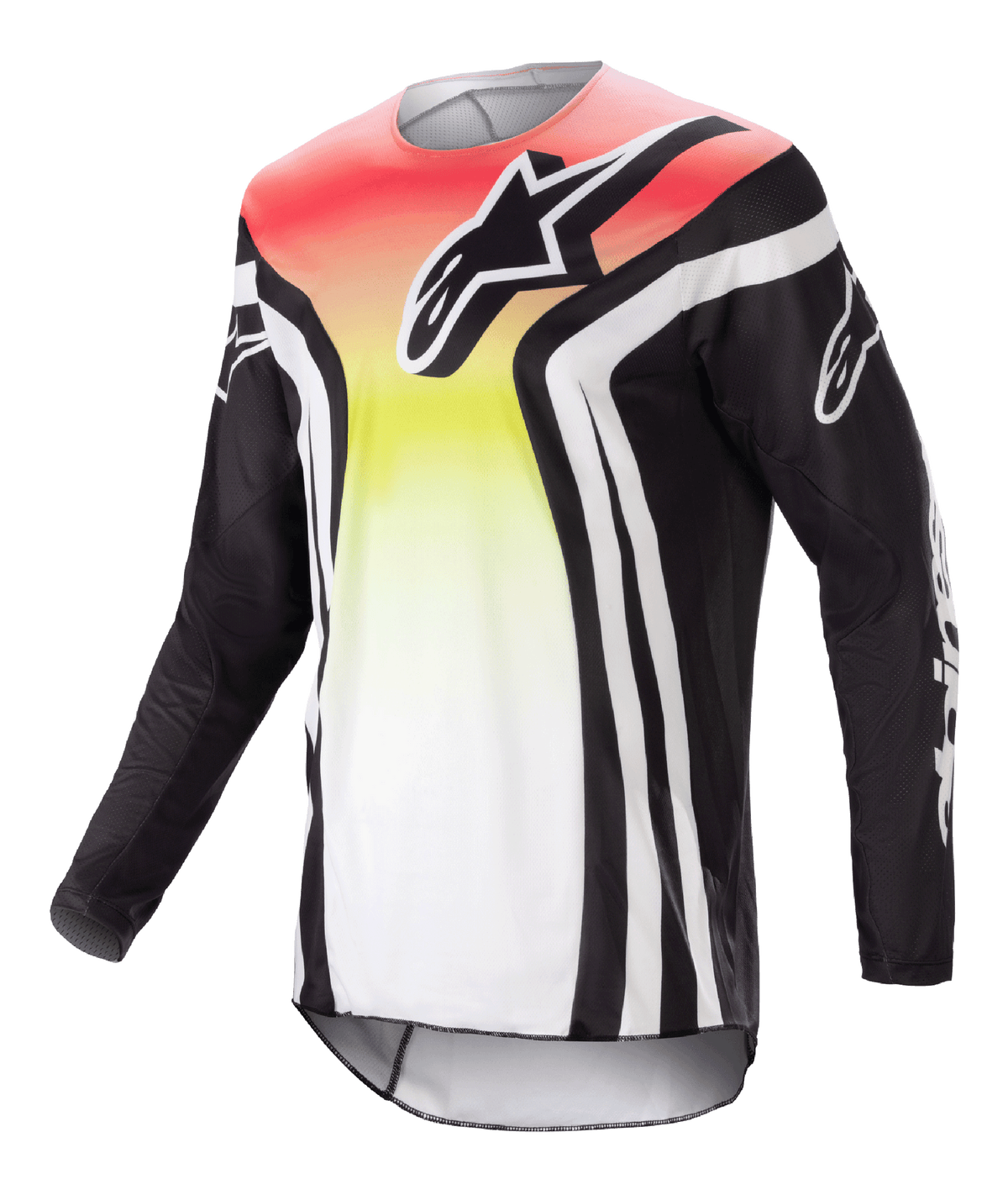 Alpinestars 2023 Racer Semi Jersey, Motocross Long-Sleeve Jersey, Black and Multicolor with Red, Yellow, and White gradient, bold chest logo and white sleeve stripes, lightweight moisture-wicking fabric for off-road performance