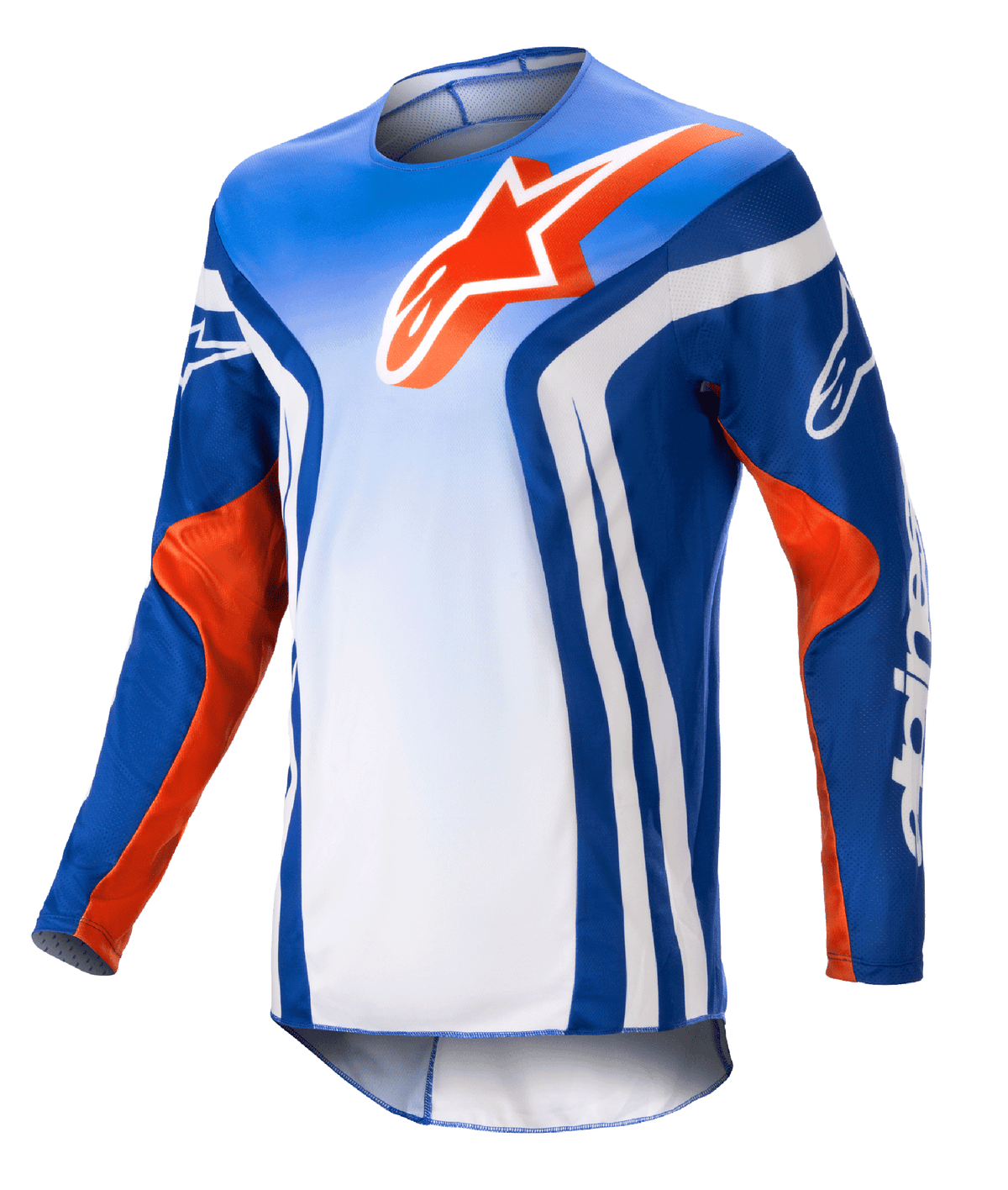 Alpinestars 2023 Racer Semi Trikot, Langarm-Motocross-Jersey, blau-weißer Farbverlauf mit Akzenten in Hot Orange, großes orangefarbenes Alpinestars-Logo auf der Brust, markante weiße vertikale Streifen an den Seiten, leichtes feuchtigkeitsableitendes Material für den Offroad-Einsatz