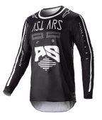 Alpinestars 2023 Racer Found Jersey, Black Long-Sleeve Motocross Jersey, White abstract graphics and large AS logo, ASTARS branding on chest, white-trimmed round collar, performance race apparel