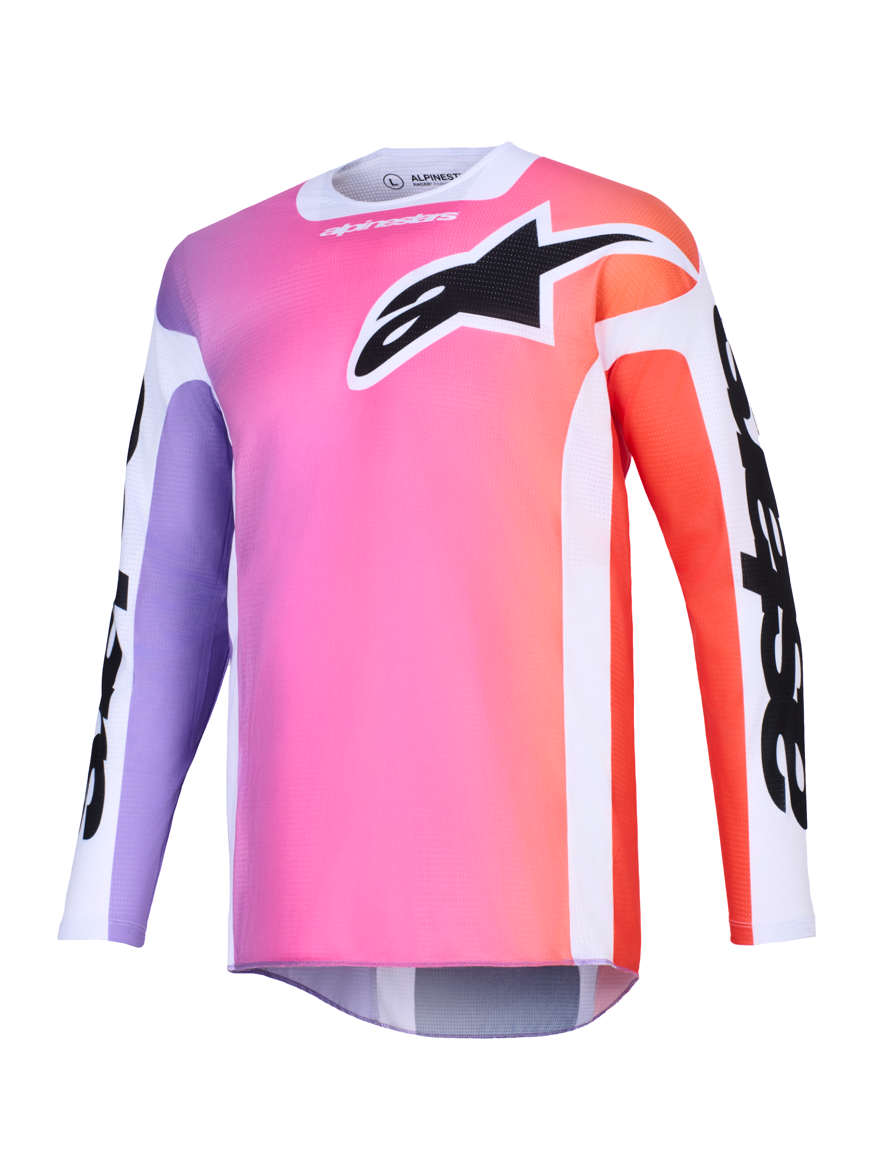 Alpinestars 2026 Racer Air Portl Jersey, Motocross Jersey, Multicolor gradient featuring pink, purple, and orange, large black Astars logo on the chest, white side panels, breathable mesh fabric with long sleeves and an extended rear cut.
