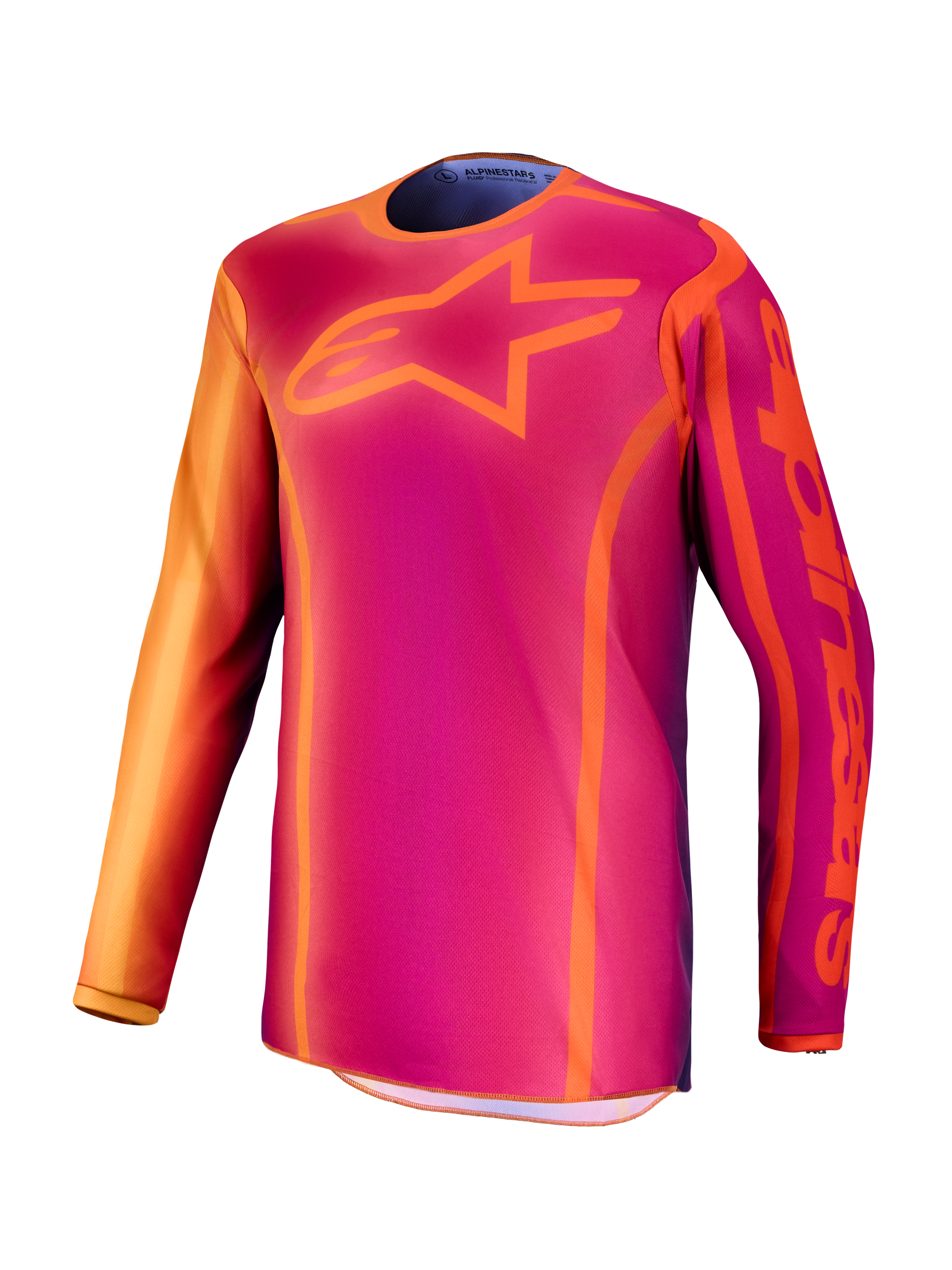 Alpinestars Fluid Kepler Trikot, Motocross-Oberteil für Herren in Lila und Orange, aus feuchtigkeitsableitendem Polygewebe.