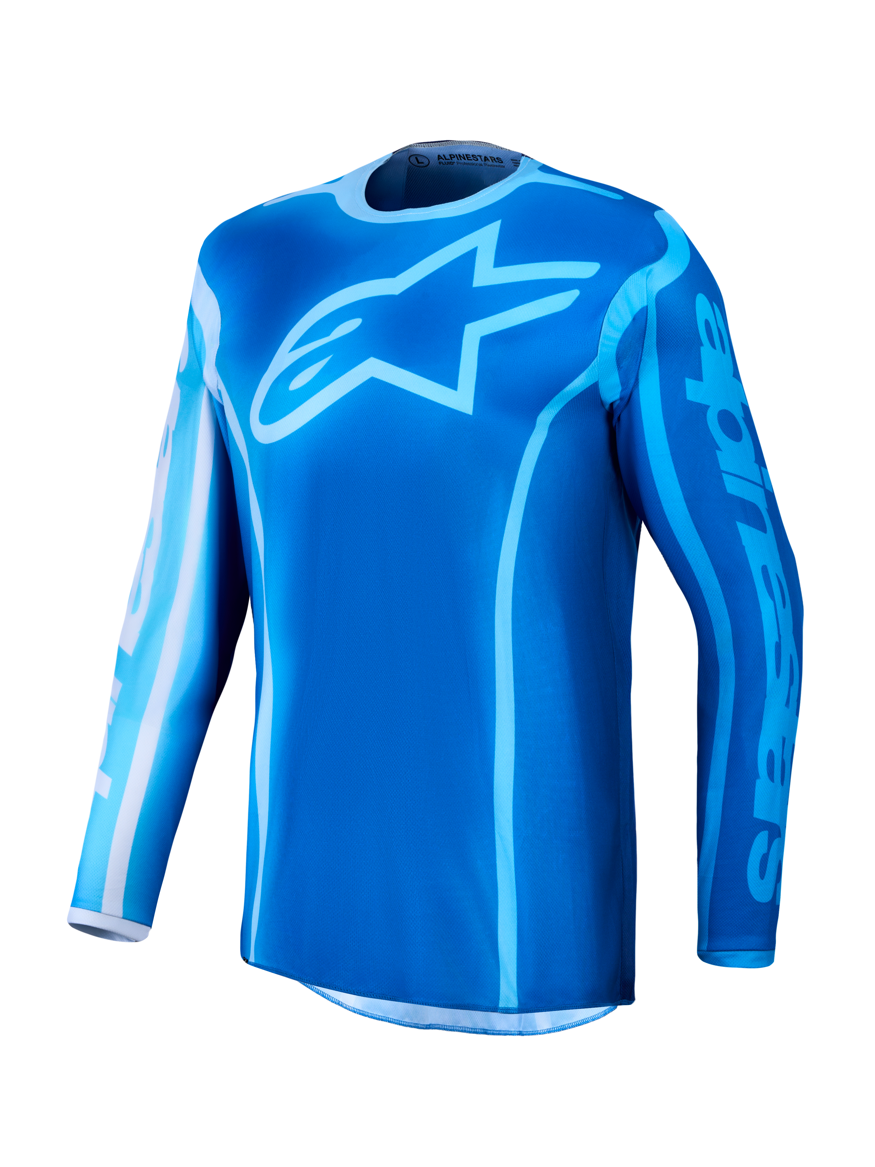 Alpinestars Fluid Kepler Trikot 2027, Motocross-Trikot, Blau und Hellblau, feuchtigkeitsableitendes Polygewebe, großes Stern-Logo auf der Brust