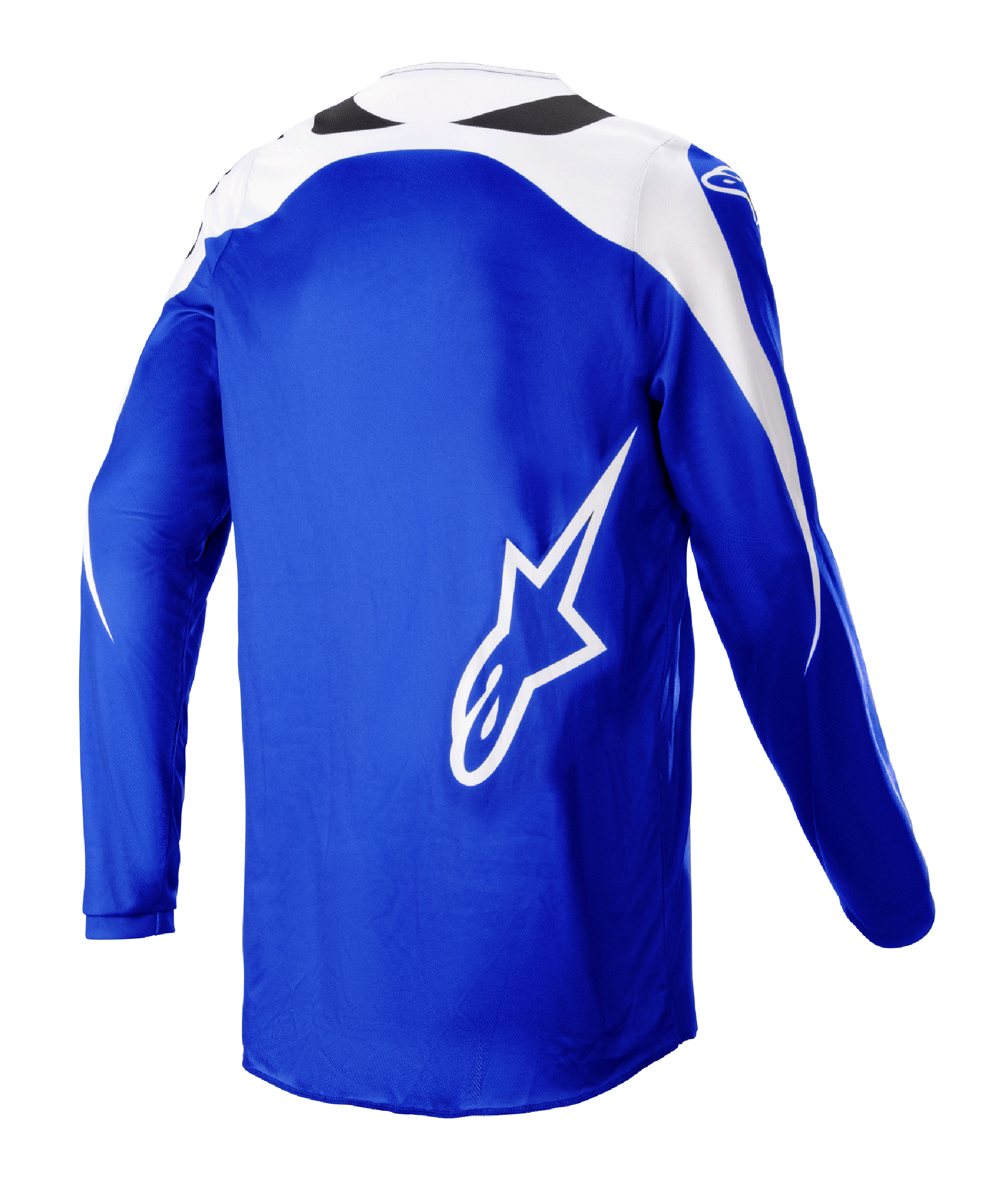 Alpinestars 2023 Fluid Narin Trikot, Motocross-Trikot, Blue Ray Weiß, Rückansicht mit großem weißen A-Star-Logo, weiße Schultereinsätze, atmungsaktives Poly-Gewebe für Offroad-Performance