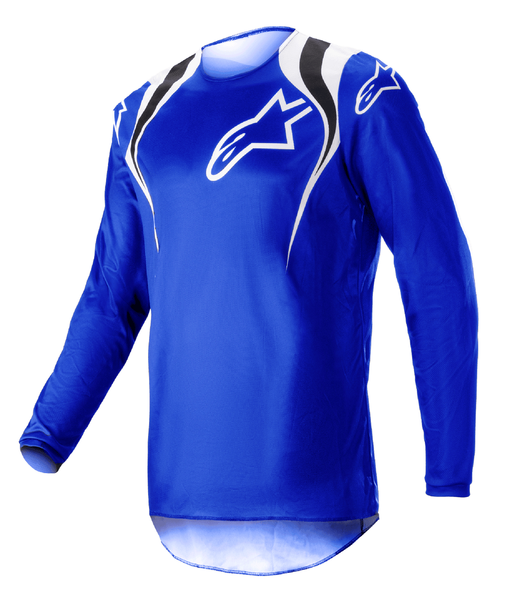 Alpinestars 2023 Fluid Narin Trikot, Motocross-Trikot, Blue Ray Weiß, mit weißen und schwarzen Schulterakzenten und einem weißen Brustlogo, leichtes Langarm-Design für den Offroad-Rennsport