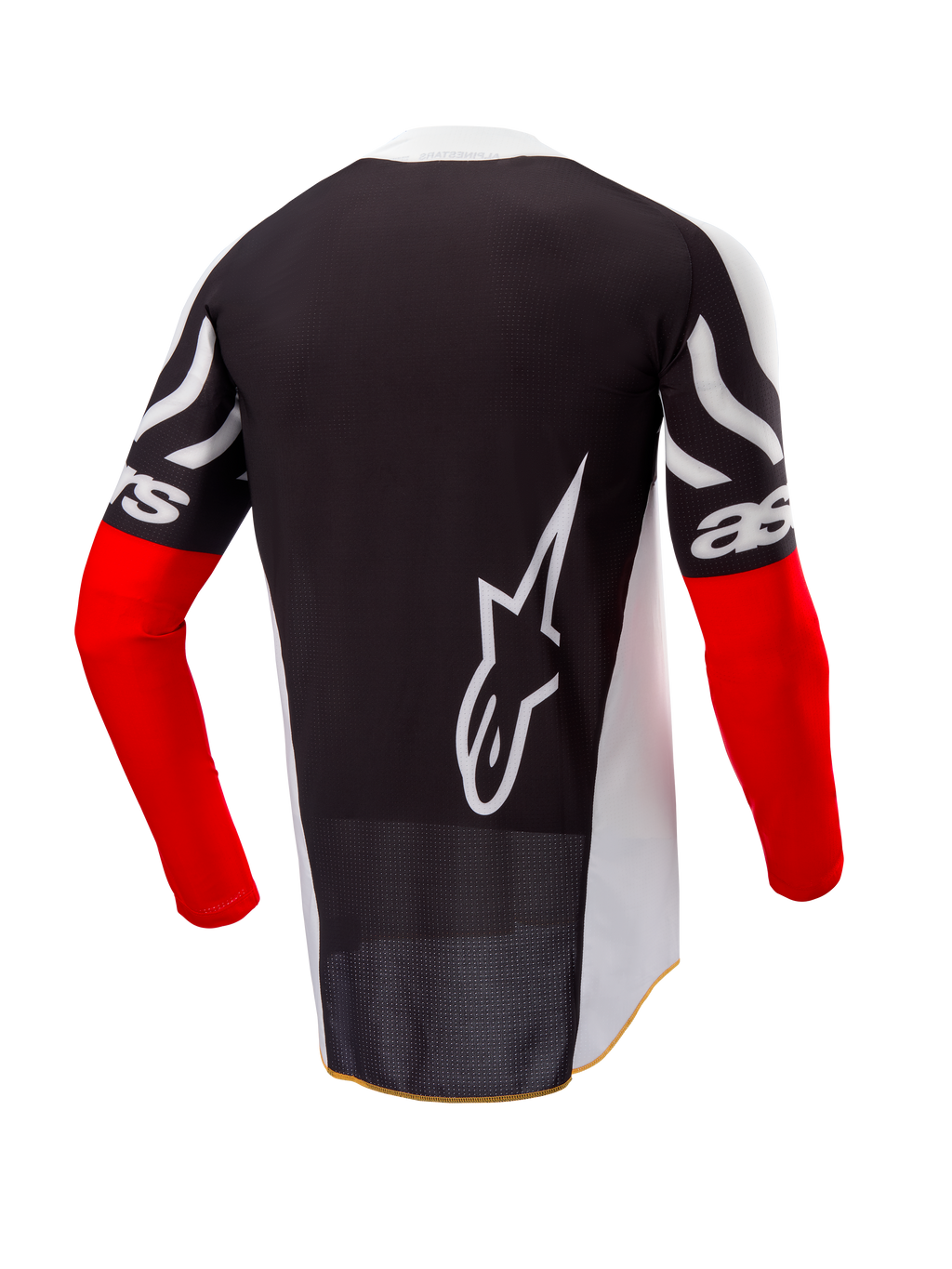 Alpinestars Limited Edition Techstar Deep Trikot, Motocross-Trikot, Rückansicht, Schwarz und Weiß mit High-Red-Ärmeln, großes weißes Alpinestars-Logo auf der Rückseite, athletische Rennpassform mit perforiertem Poly-Gewebe