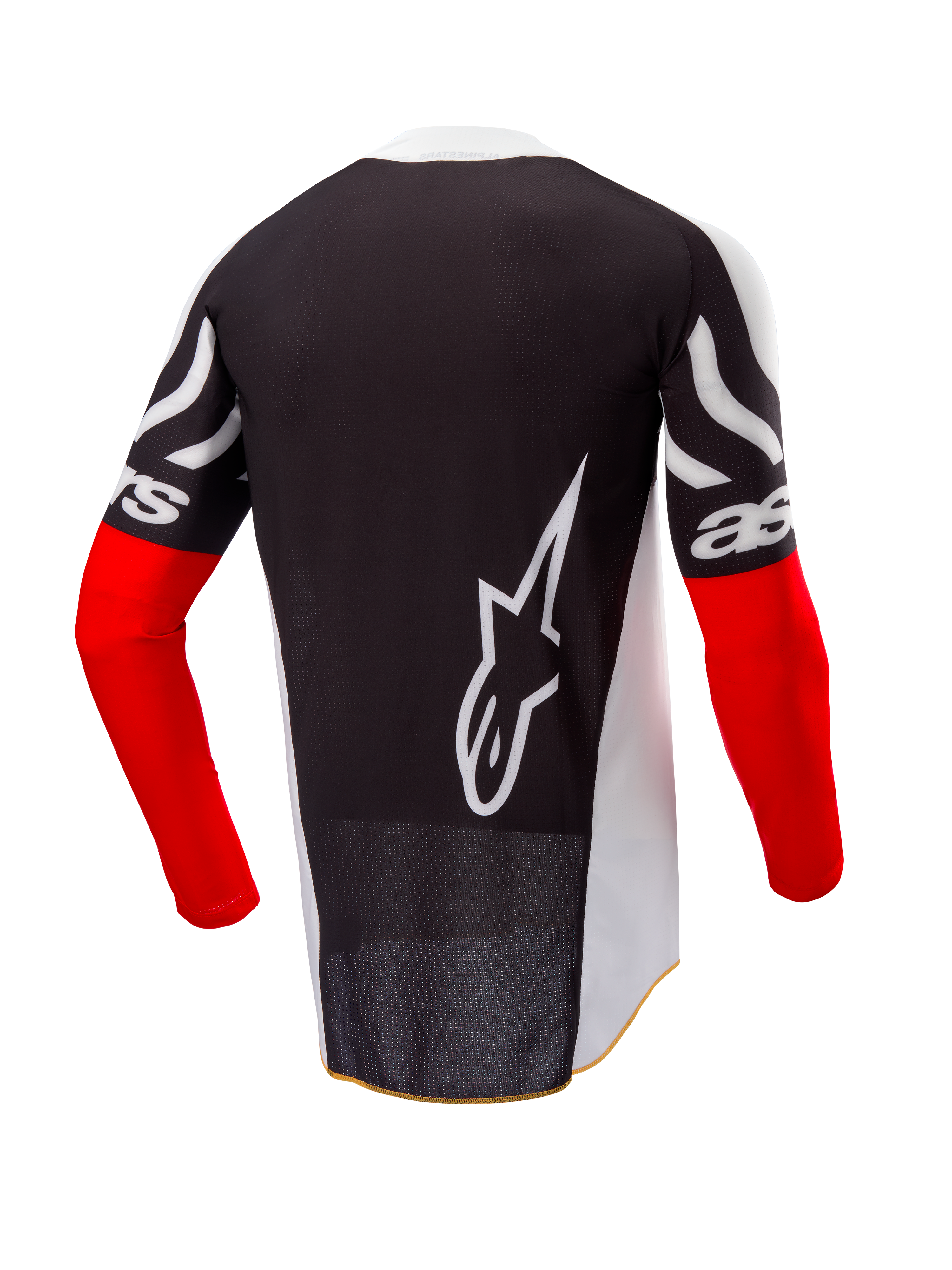 Alpinestars Limited Edition Techstar Deep Trikot, Motocross-Trikot, Rückansicht, Schwarz und Weiß mit High-Red-Ärmeln, großes weißes Alpinestars-Logo auf der Rückseite, athletische Rennpassform mit perforiertem Poly-Gewebe