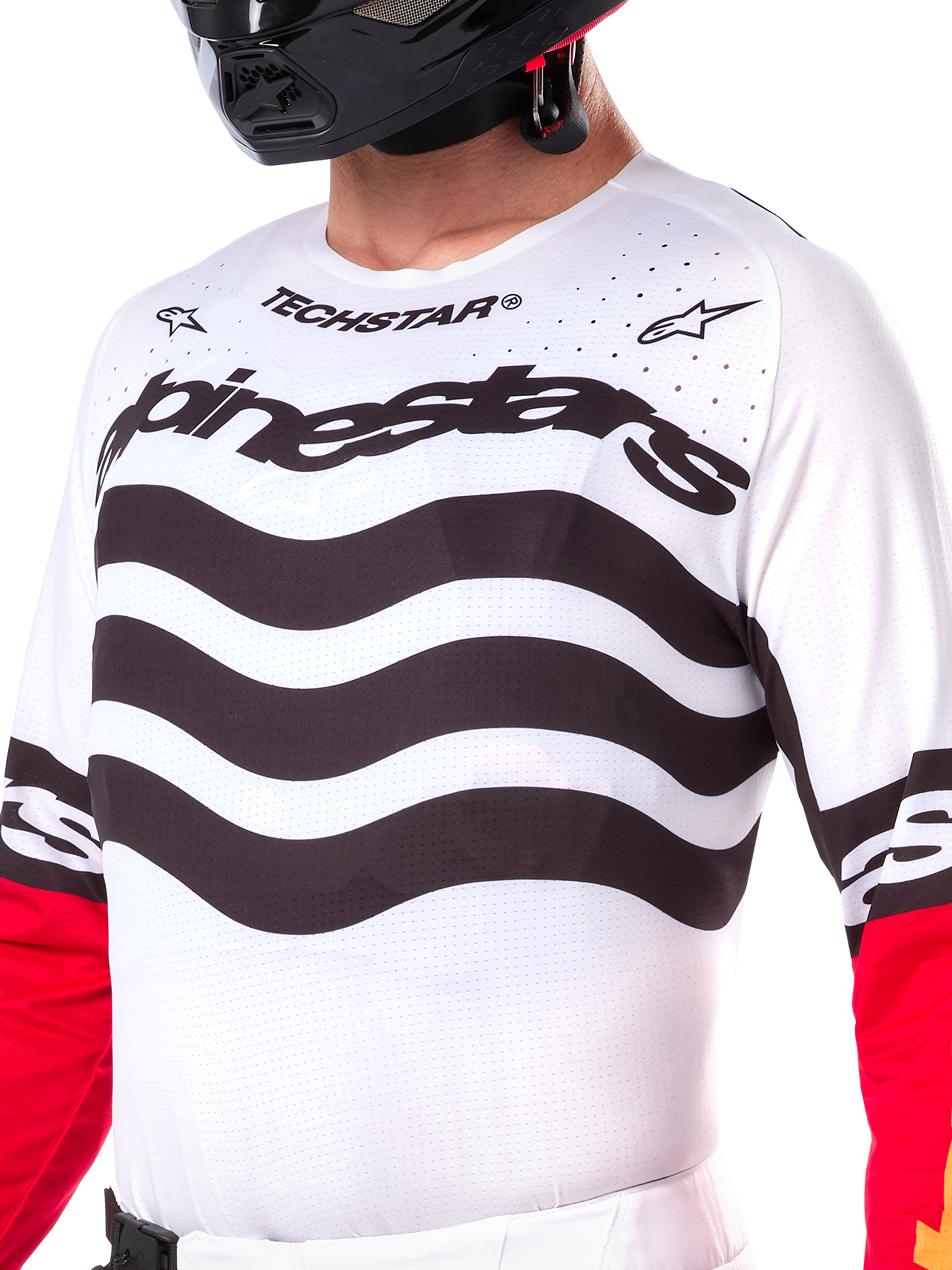 Alpinestars Limited Edition Techstar Deep Trikot, Motocross-Trikot, Schwarz, Weiß und High Red, athletische Rennpassform mit technischen Stretch-Einsätzen, auffälliges Branding und lasergeschnittene Belüftung für Offroad-Performance