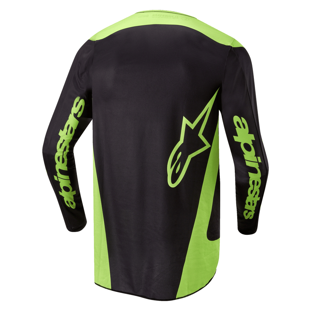 Alpinestars 2024 Fluid Lurv Jersey, Motocross-Trikot, Schwarz und Gelb Fluo, Rückansicht mit neongelben Seiteneinsätzen, großem Stern-Logo am unteren Rücken und Alpinestars-Branding auf den Ärmeln