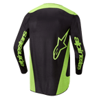 Alpinestars 2024 Fluid Lurv Jersey, Motocross-Trikot, Schwarz und Gelb Fluo, Rückansicht mit neongelben Seiteneinsätzen, großem Stern-Logo am unteren Rücken und Alpinestars-Branding auf den Ärmeln