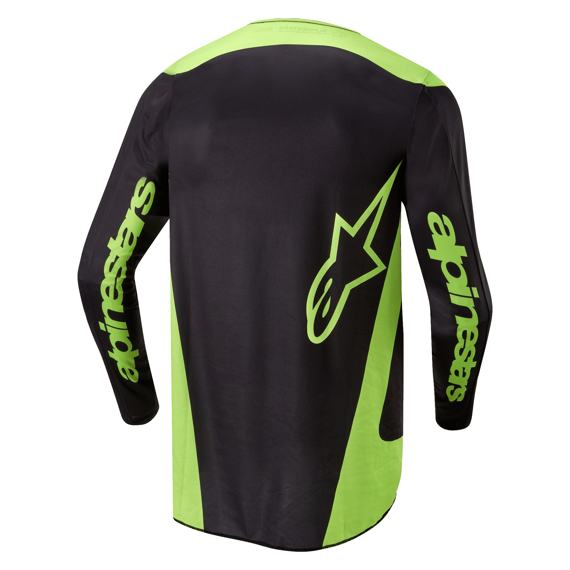 Alpinestars 2024 Fluid Lurv Jersey, Motocross-Trikot, Schwarz und Gelb Fluo, Rückansicht mit neongelben Seiteneinsätzen, großem Stern-Logo am unteren Rücken und Alpinestars-Branding auf den Ärmeln