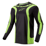 Alpinestars 2024 Fluid Lurv Jersey, Motocross Jersey, Black and Yellow Fluo, featuring bold curved fluorescent yellow panels, Alpinestars logo on the chest and wordmark around the collar, athletic sport fit for off-road racing
