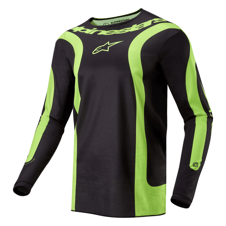 Alpinestars 2024 Fluid Lurv Jersey, Motocross-Trikot, Schwarz und Neongelb, mit markanten geschwungenen neongelben Einsätzen, Alpinestars-Logo auf der Brust und Schriftzug am Kragen, sportliche Passform für Offroad-Rennen