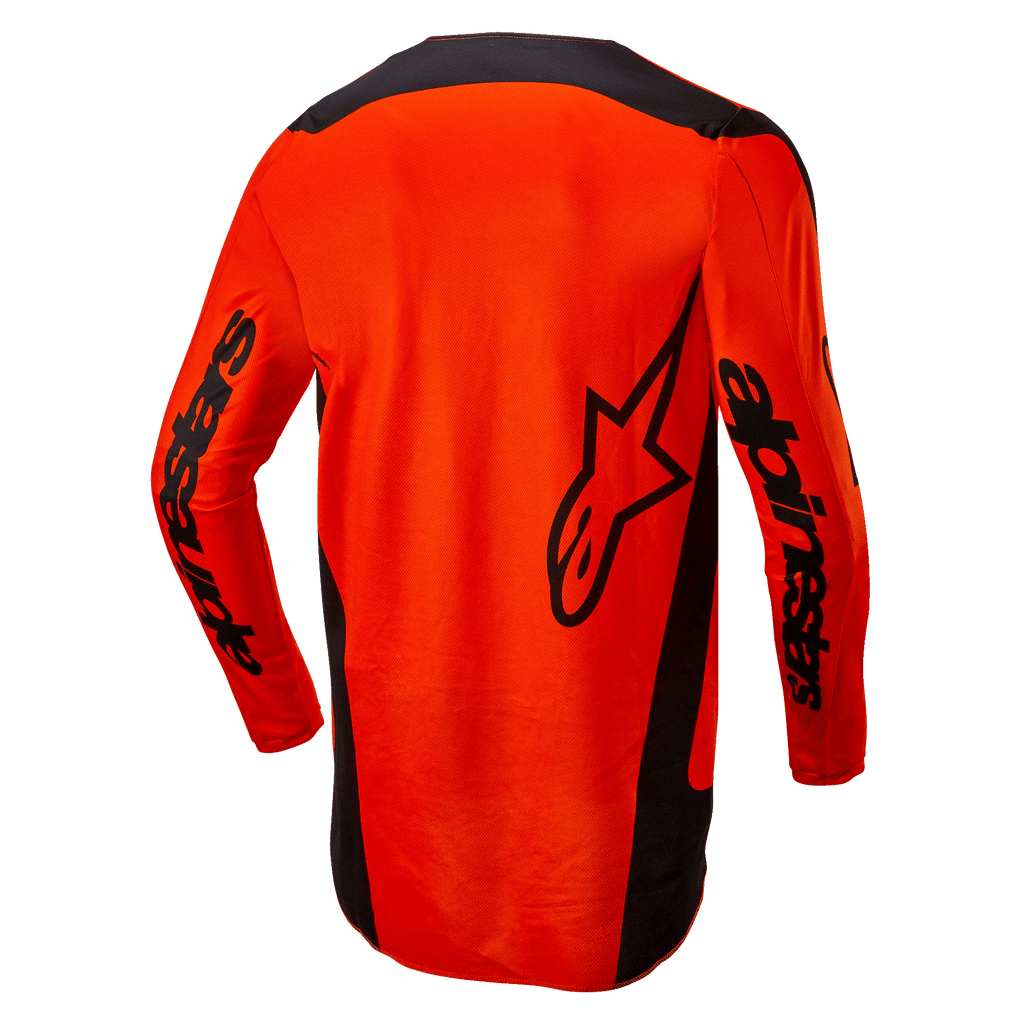 Alpinestars 2024 Fluid Lurv Trikot, Motocross-Trikot, Hot Orange und Schwarz, Rückansicht mit großem schwarzem Stern-Logo und Alpinestars-Branding auf den Ärmeln, verlängerte Rückenpartie für Abdeckung, leichtes Poly-Gewebe für Offroad-Rennsport