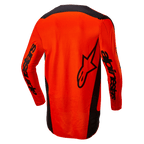 Alpinestars 2024 Fluid Lurv Trikot, Motocross-Trikot, Hot Orange und Schwarz, Rückansicht mit großem schwarzem Stern-Logo und Alpinestars-Branding auf den Ärmeln, verlängerte Rückenpartie für Abdeckung, leichtes Poly-Gewebe für Offroad-Rennsport