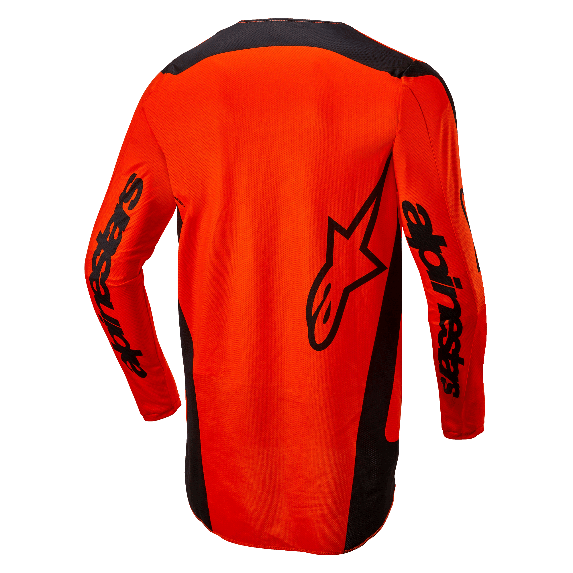 Alpinestars 2024 Fluid Lurv Trikot, Motocross-Trikot, Hot Orange und Schwarz, Rückansicht mit großem schwarzem Stern-Logo und Alpinestars-Branding auf den Ärmeln, verlängerte Rückenpartie für Abdeckung, leichtes Poly-Gewebe für Offroad-Rennsport