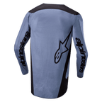Alpinestars 2024 Fluid Lurv Jersey, Motocross-Trikot, Hellblau und Schwarz, Rückansicht mit Alpinestars-Schriftzug auf den Ärmeln und Stern-Logo auf dem Rücken, verlängerter Rückensaum, atmungsaktives Funktionsgewebe für den Offroad-Rennsport