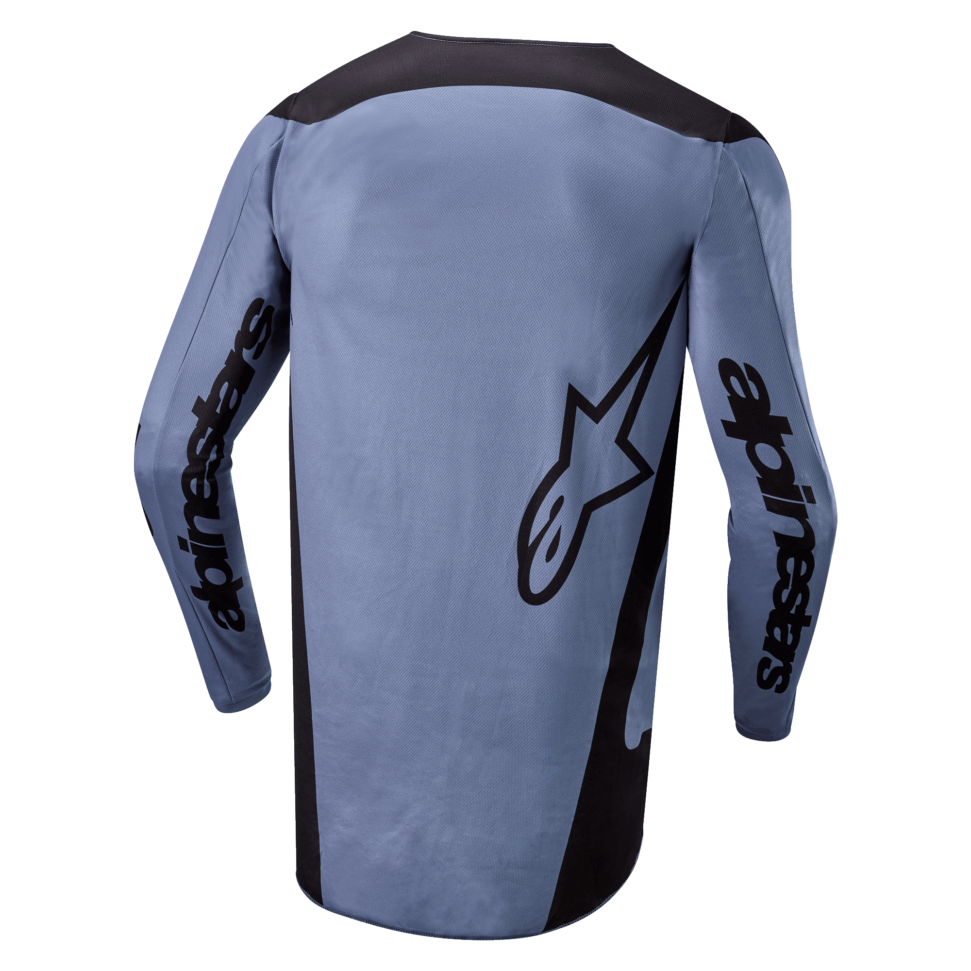Alpinestars 2024 Fluid Lurv Jersey, Motocross-Trikot, Hellblau und Schwarz, Rückansicht mit Alpinestars-Schriftzug auf den Ärmeln und Stern-Logo auf dem Rücken, verlängerter Rückensaum, atmungsaktives Funktionsgewebe für den Offroad-Rennsport