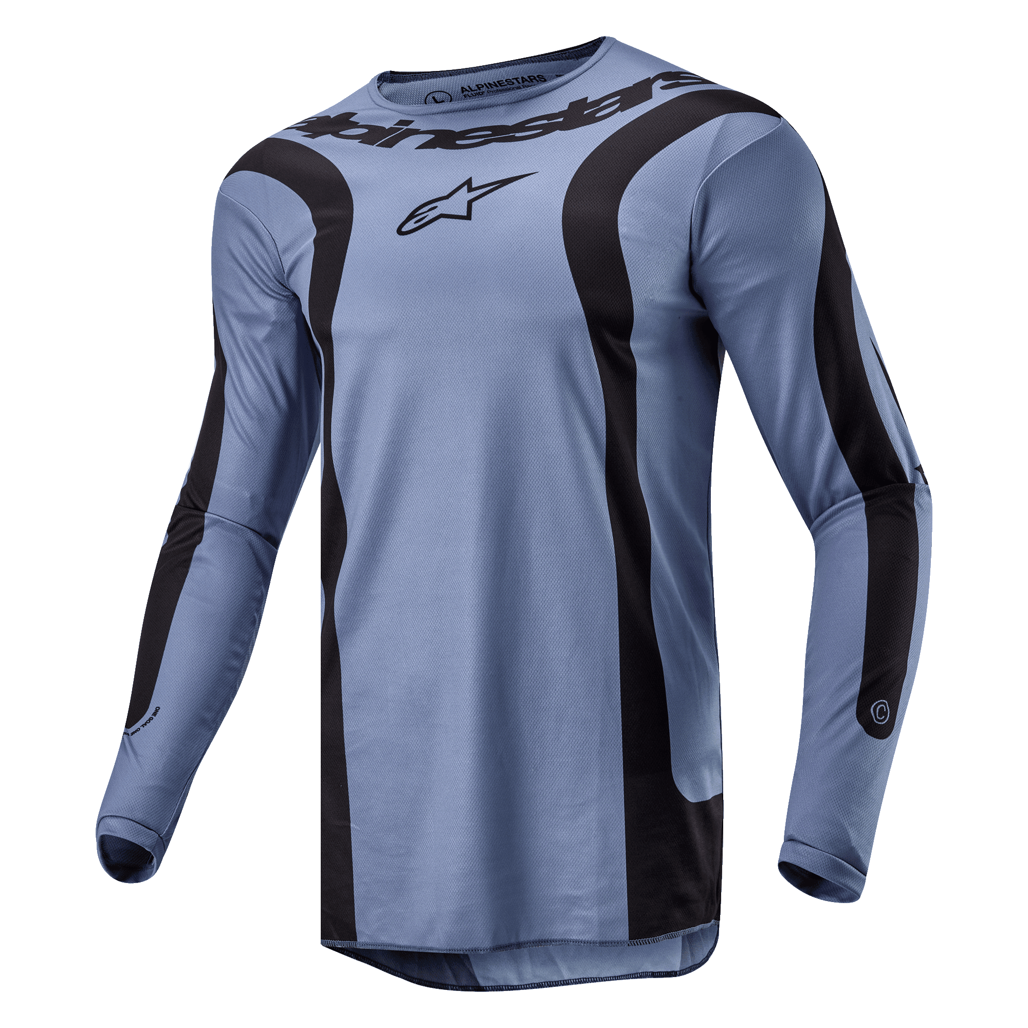 Alpinestars 2024 Fluid Lurv Trikot, Motocross-Trikot, Hellblau und Schwarz, mit markanten geschwungenen schwarzen Grafiken auf der Vorderseite und den Ärmeln, zentralem Alpinestars-Logo auf der Brust und einer Konstruktion aus Funktions-Poly-Gewebe mit Sportkragen.
