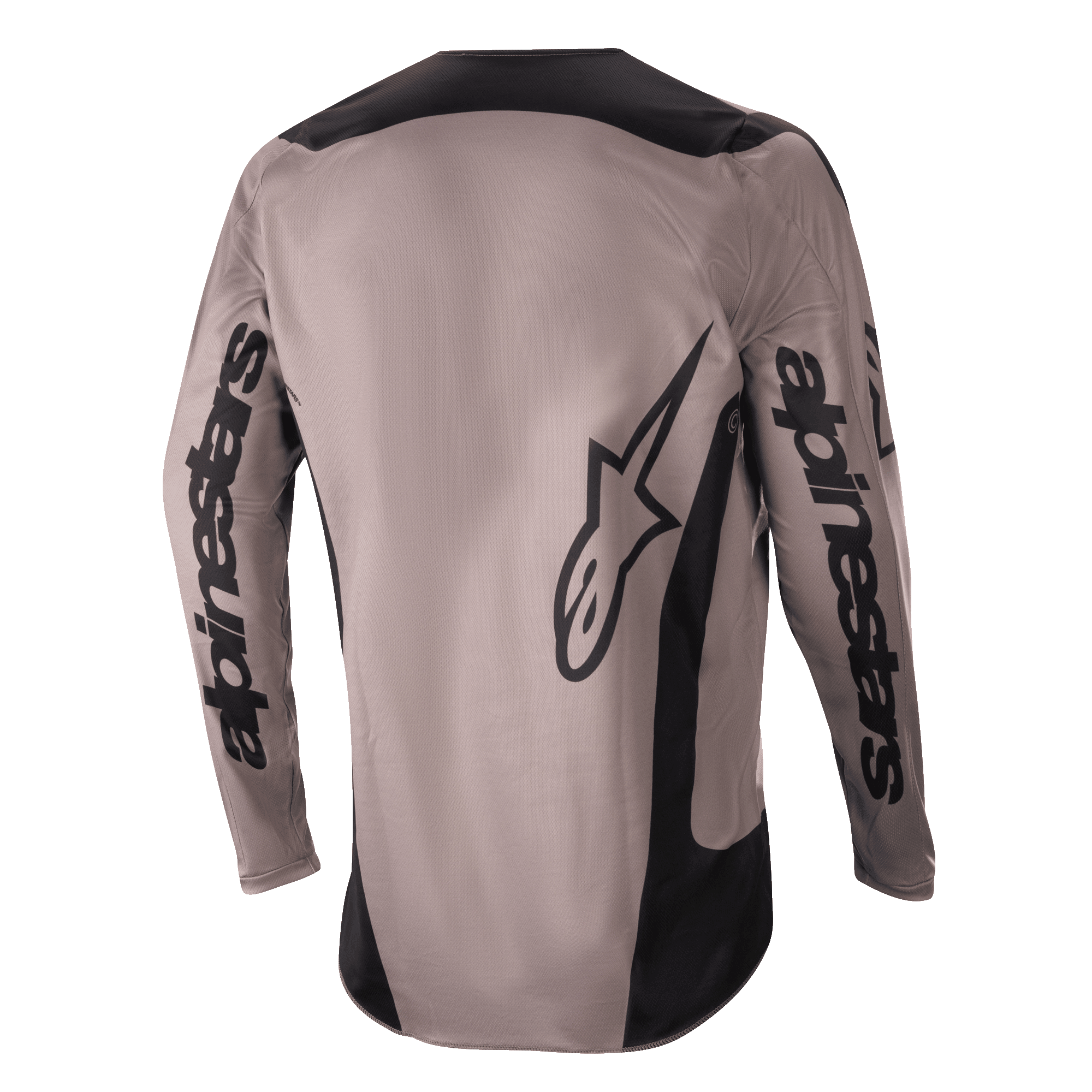 Alpinestars 2024 Fluid Lurv Trikot, Motocross-Trikot, Mud Black, Rückansicht mit großem Alpinestars-Branding auf den Ärmeln und am unteren Rücken, schwarze Einsätze an Schultern und Seiten, Performance-Offroad-Fahrausrüstung
