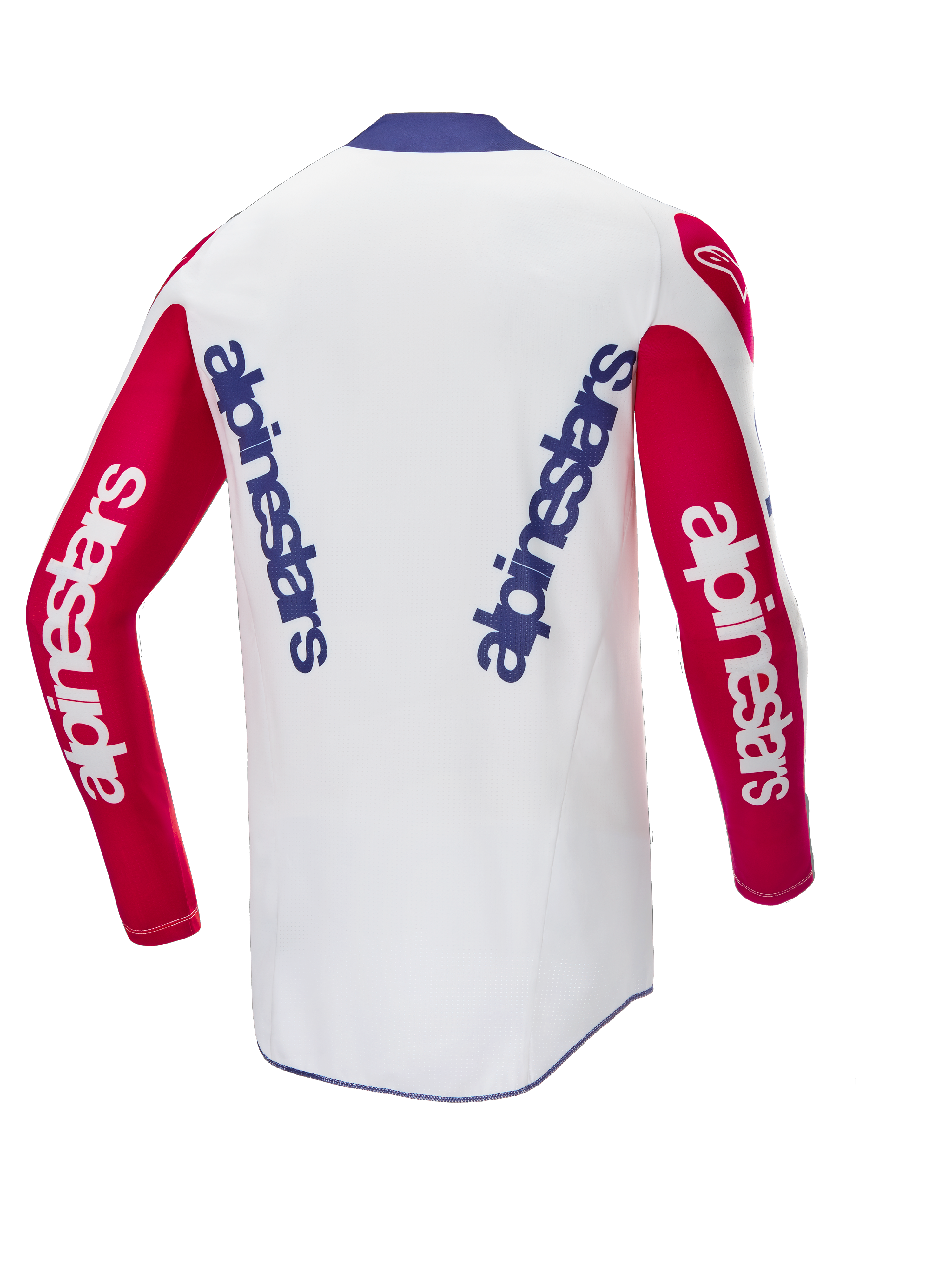 Alpinestars Limited Edition Techstar Fortitude Trikot, Motocross-Trikot, Leuchtendes Rot, Weiß und Blau, Rückansicht mit vertikalem blauen Branding auf weißem Rücken und roten Ärmeln, leistungsstarke, vom Rennsport abgeleitete Passform für Motocross