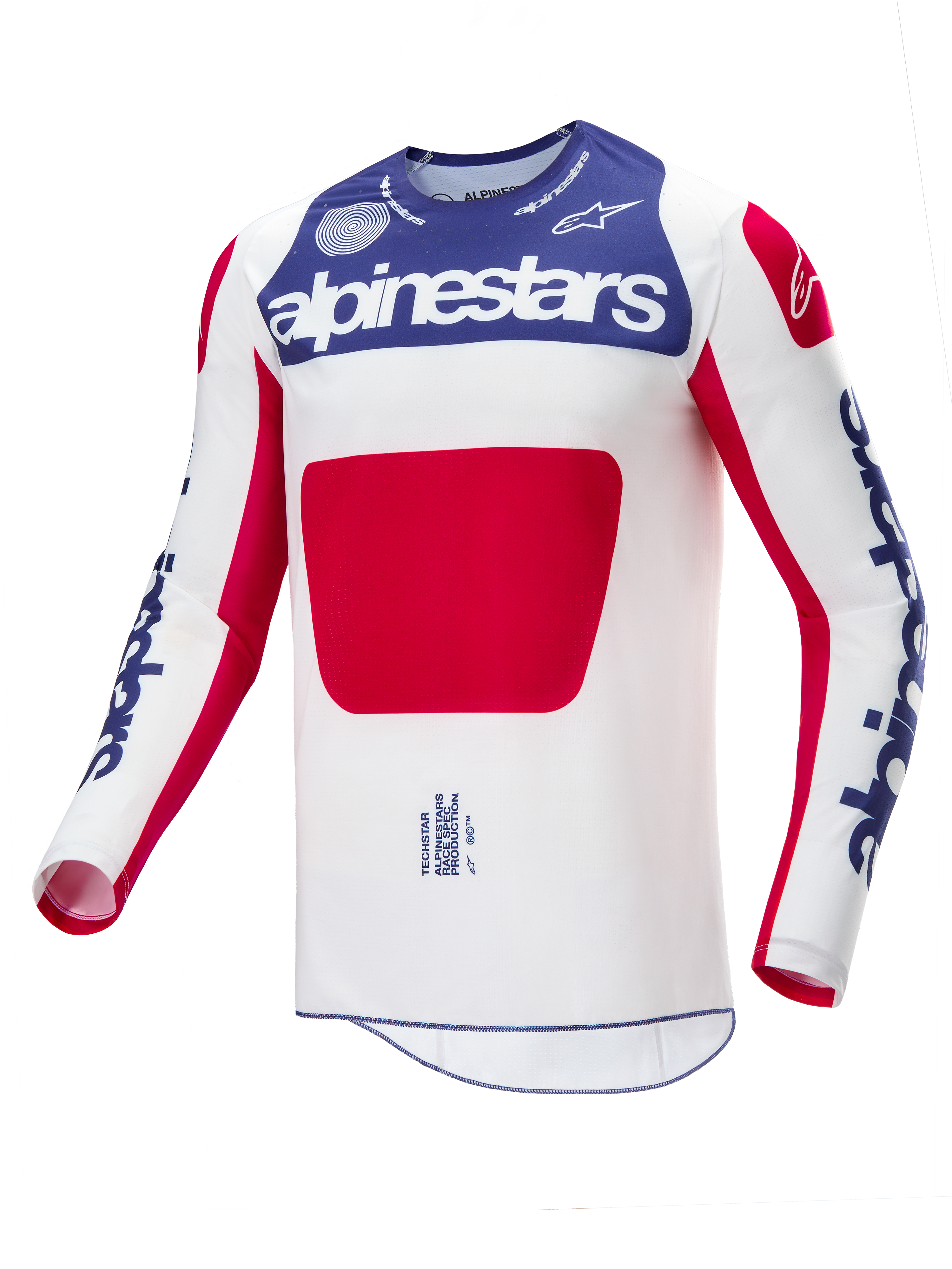 Alpinestars Limited Edition Techstar Fortitude Jersey, Motocross-Trikot, Rot, Weiß und Blau, mit einem weißen Hauptteil, einem großen roten Paneel in der Mitte, einem blauen Brustbereich mit weißem Alpinestars-Branding und blauen Logos auf den Ärmeln, entwickelt für Offroad-Rennleistung