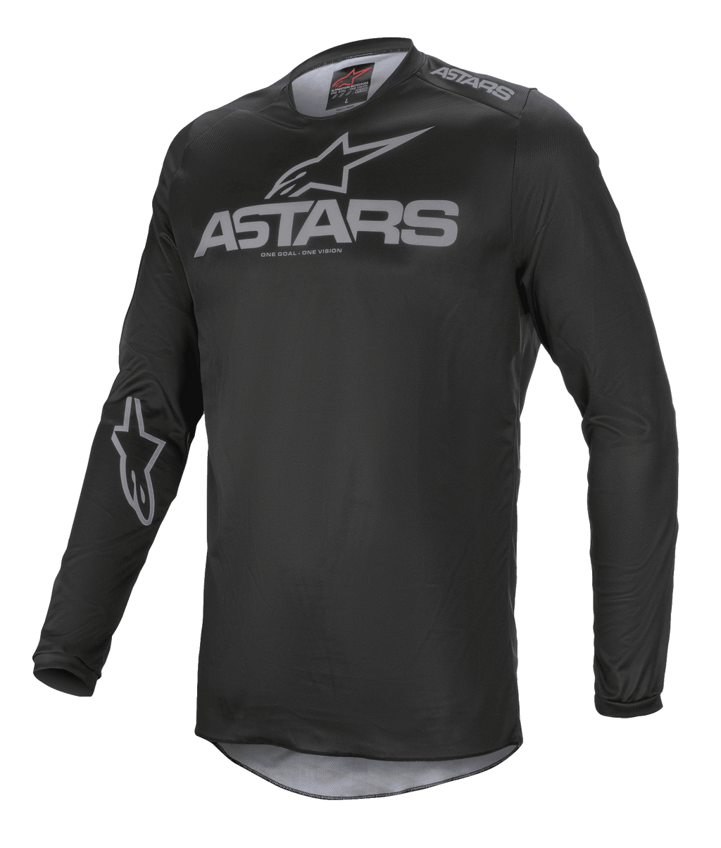 Alpinestars Fluid Graphite Jersey, Motocross-Jersey, Schwarz und Dunkelgrau, mit grauem ASTARS-Logo auf Brust und Schulter, Stern-Logo am Ärmel, langärmelige technische Mesh-Konstruktion für den Offroad-Rennsport