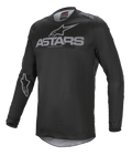 Alpinestars Fluid Graphite Jersey, Motocross-Jersey, Schwarz und Dunkelgrau, mit grauem ASTARS-Logo auf Brust und Schulter, Stern-Logo am Ärmel, langärmelige technische Mesh-Konstruktion für den Offroad-Rennsport