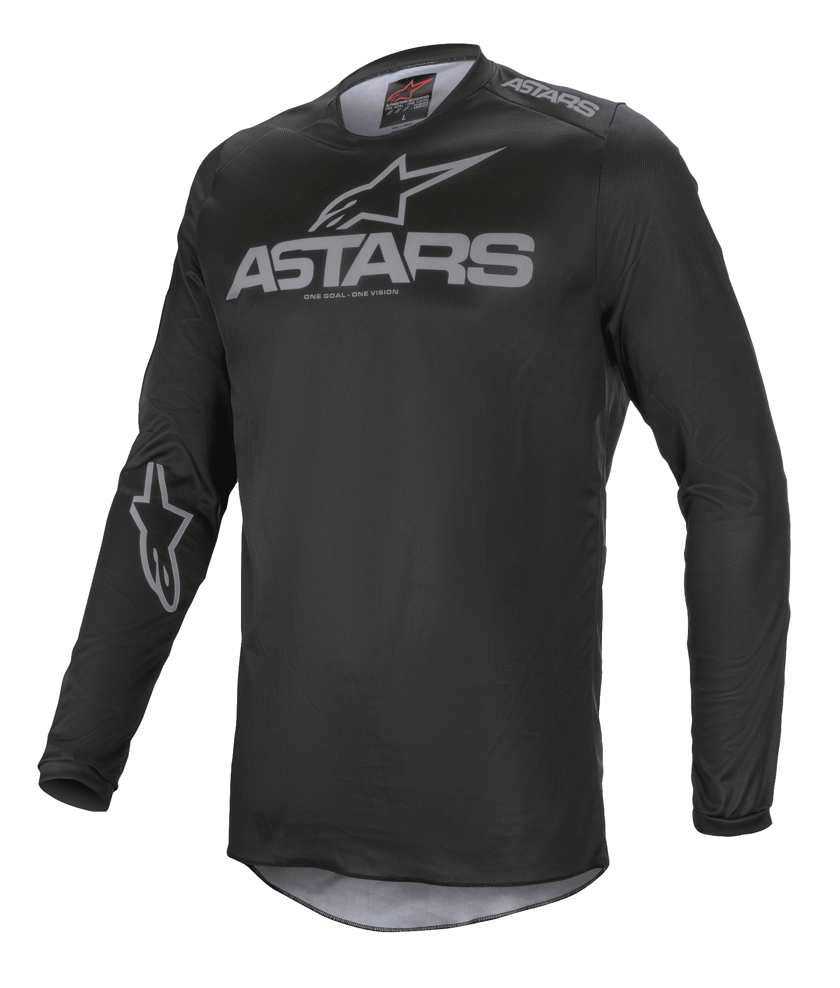Alpinestars Fluid Graphite Jersey, Motocross Jersey, Black and Dark Gray, featuring gray ASTARS logo on the chest and shoulder, star logo on the sleeve, long-sleeved technical mesh construction for off-road racing