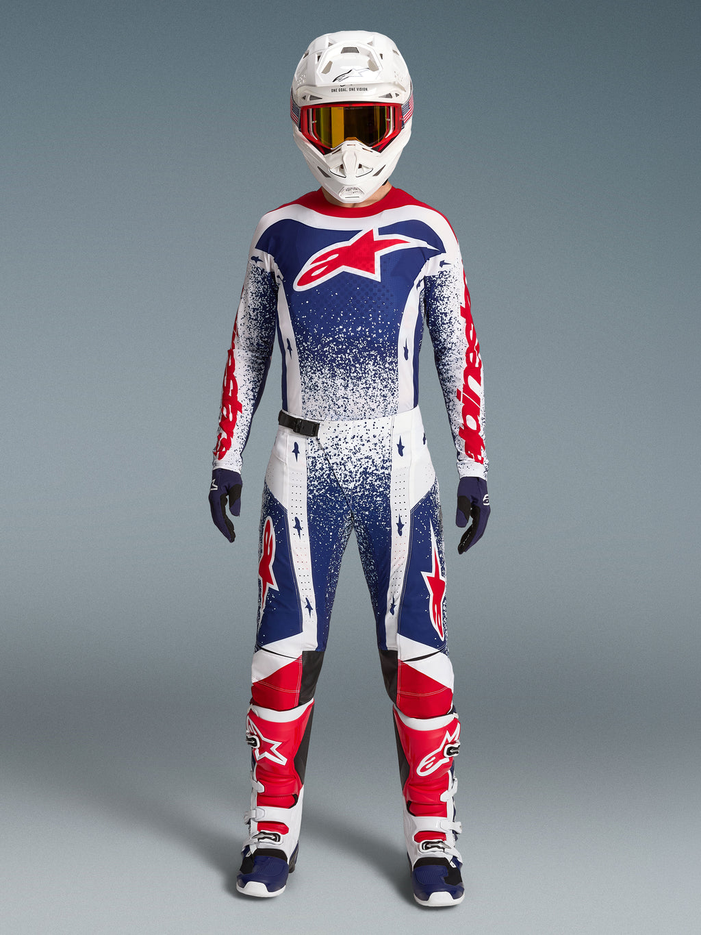 Alpinestars Limited Edition Techstar Unity Motocross Gear Set, red, white, and blue racing kit with star graphics.